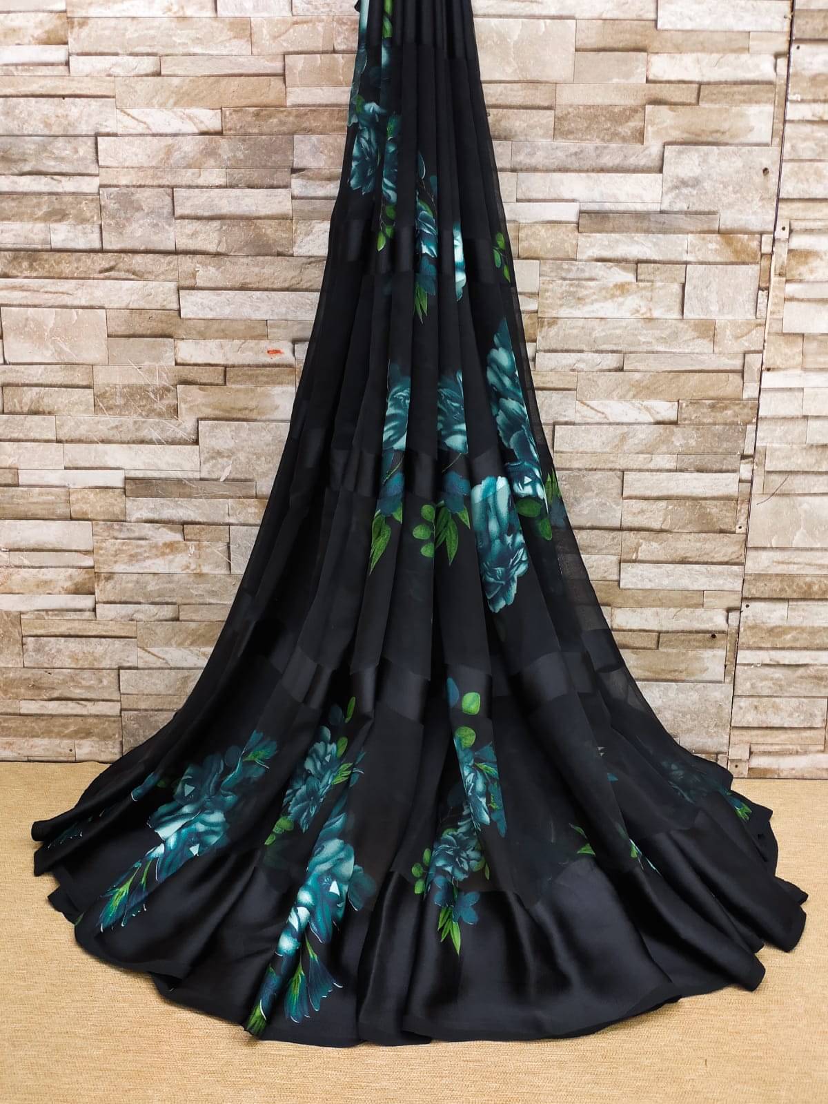     			SHIRODHARI Satin Printed Regular Saree With Unstitched Blouse Piece ( Blue )