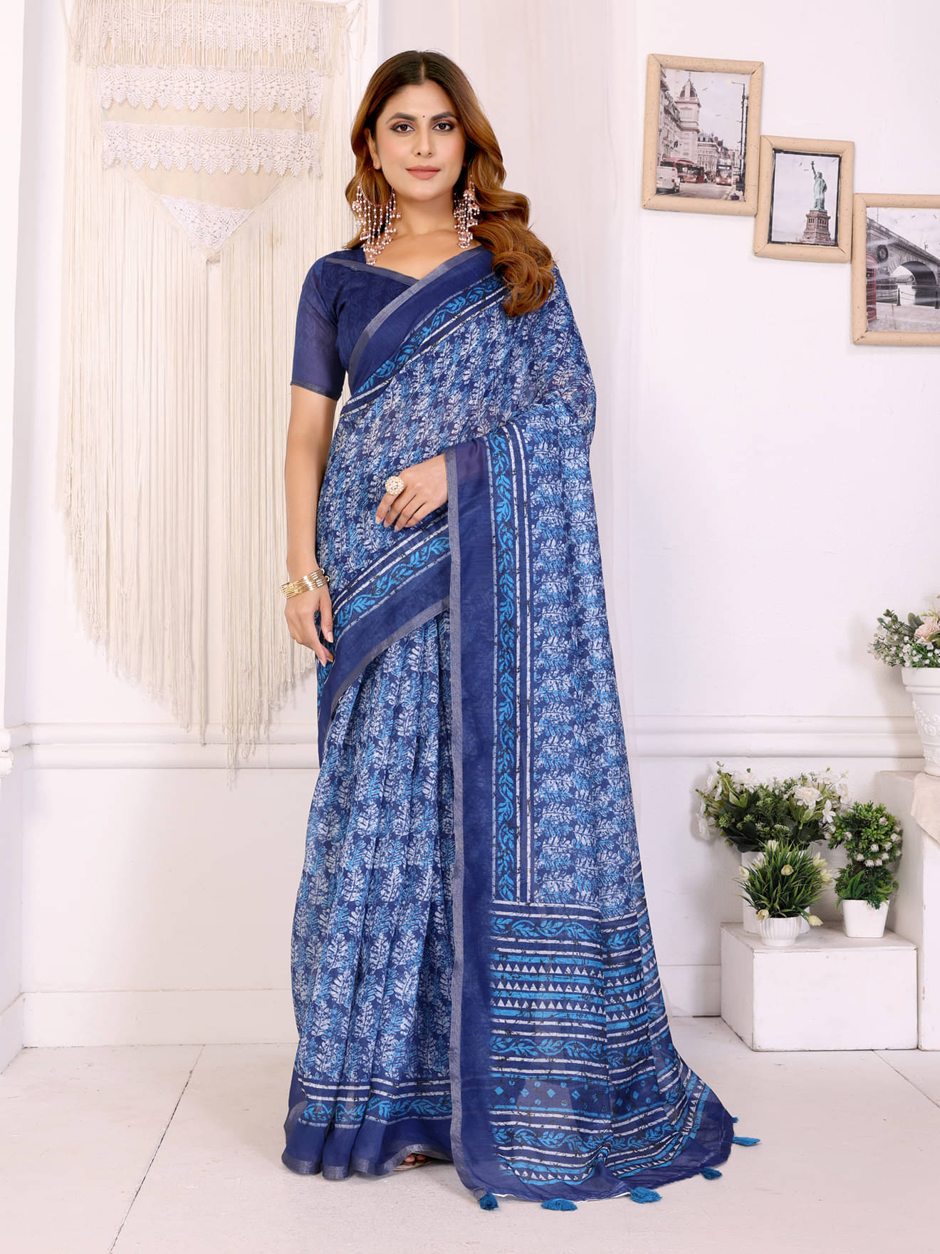     			THE PRIVATE LABLE Chanderi Printed Banarasi saree With Unstitched Blouse Piece ( Blue )