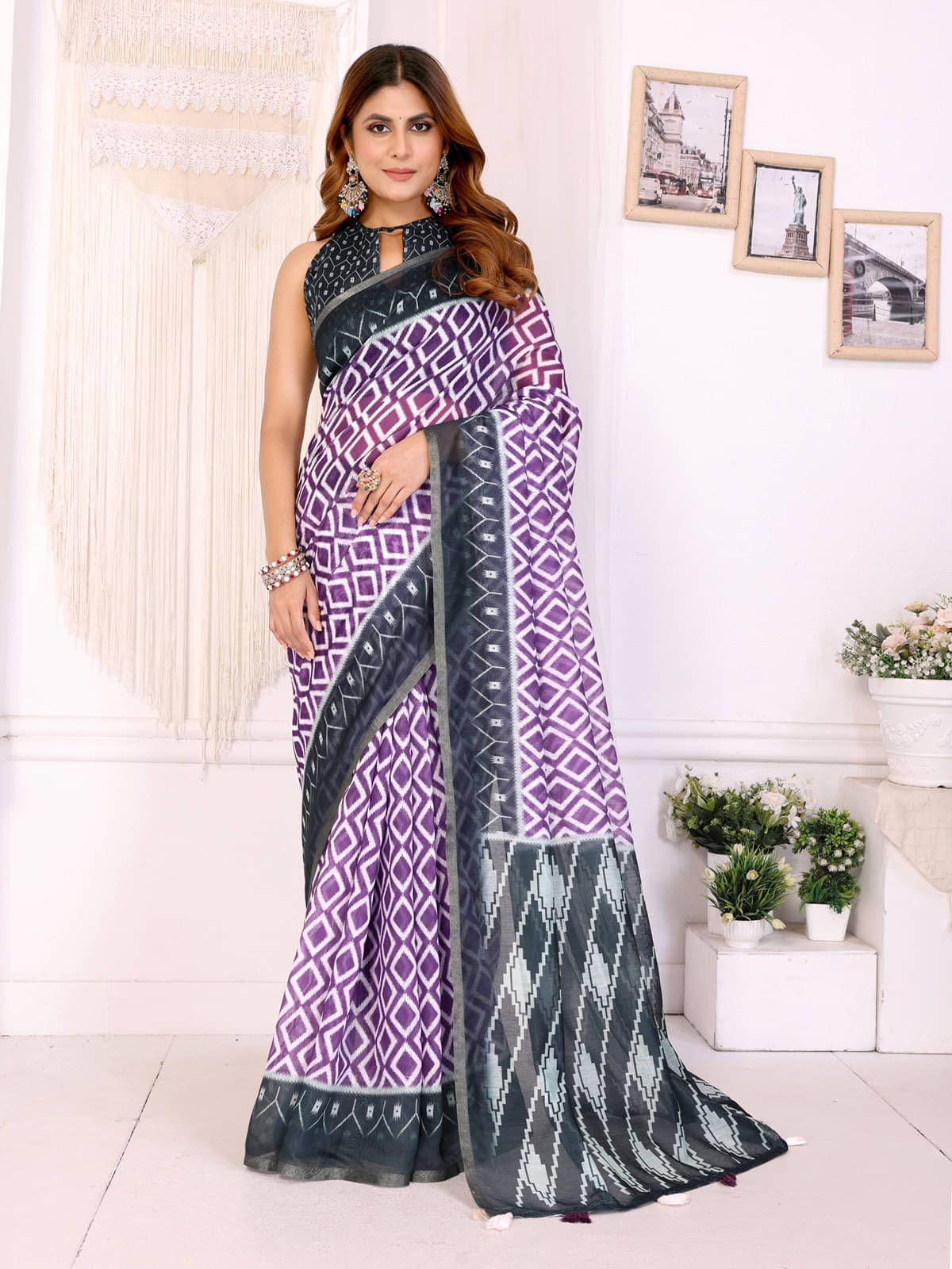     			THE PRIVATE LABLE Chanderi Printed Banarasi saree With Unstitched Blouse Piece ( Purple )