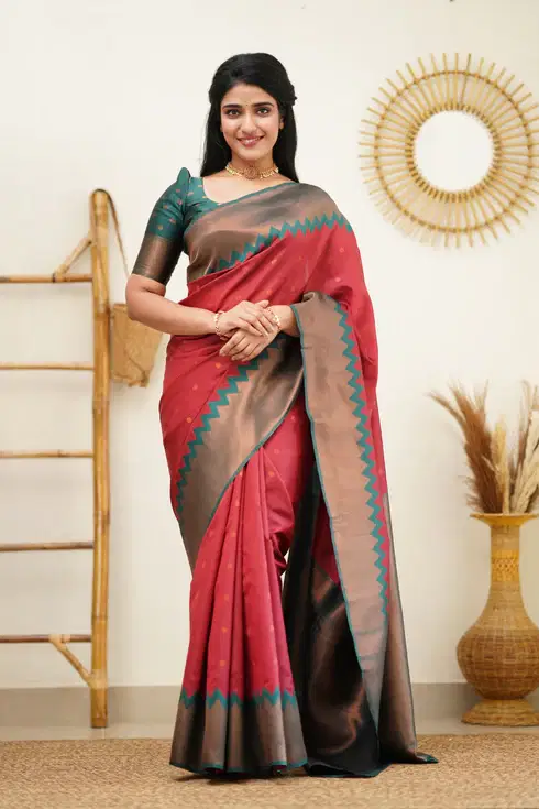 THE PRIVATE LABLE Silk Blend Printed Banarasi saree With Unstitched Blouse Piece ( Red ) THE PRIVATE LABLE Silk Blend Printed Banarasi saree With Unstitched Blouse Piece ( Red )