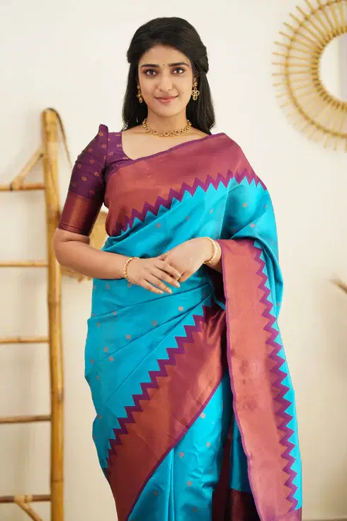     			THE PRIVATE LABLE Silk Blend Printed Banarasi saree With Unstitched Blouse Piece ( Blue )