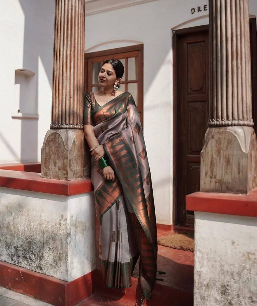 THE PRIVATE LABLE Silk Blend Printed Banarasi saree With Unstitched Blouse Piece ( Grey ) THE PRIVATE LABLE Silk Blend Printed Banarasi saree With Unstitched Blouse Piece ( Grey )