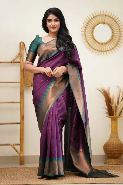 THE PRIVATE LABLE Silk Blend Printed Banarasi saree With Unstitched Blouse Piece ( Purple ) THE PRIVATE LABLE Silk Blend Printed Banarasi saree With Unstitched Blouse Piece ( Purple )