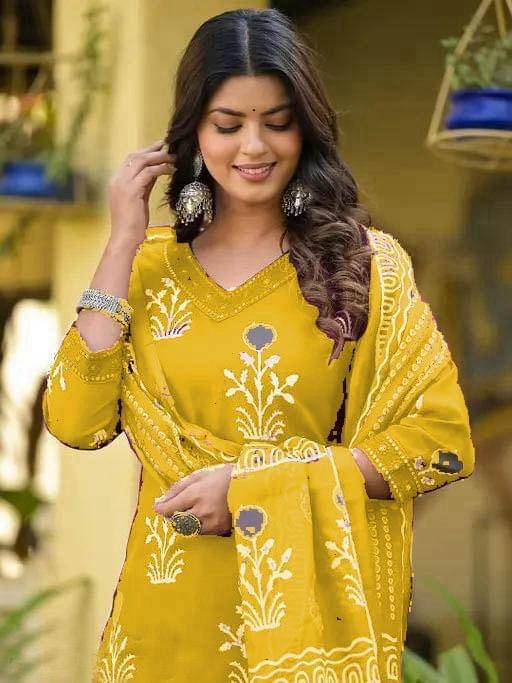 TUHIRAJ Women Cotton Printed A-Line Kurti With Pants ( Mustard )     			TUHIRAJ Women Cotton Printed A-Line Kurti With Pants ( Mustard )
