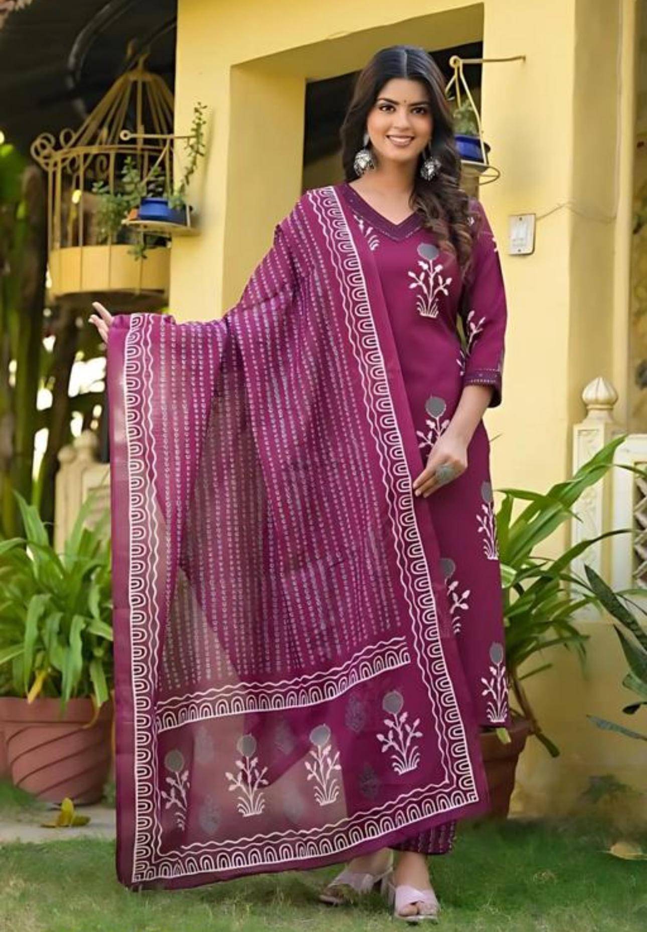 TUHIRAJ Women Cotton Printed A-Line Kurti With Pants ( Wine )     			TUHIRAJ Women Cotton Printed A-Line Kurti With Pants ( Wine )