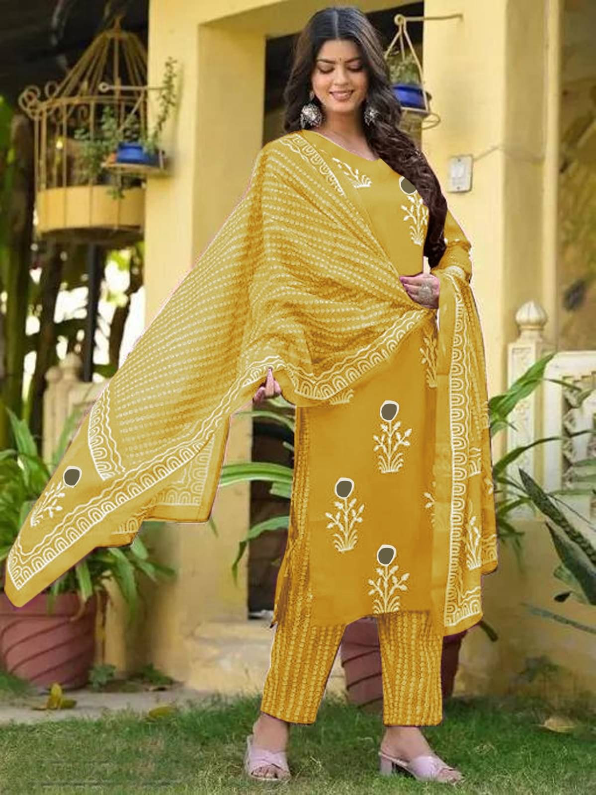 TUHIRAJ Women Cotton Printed A-Line Kurti With Pants ( Mustard )     			TUHIRAJ Women Cotton Printed A-Line Kurti With Pants ( Mustard )