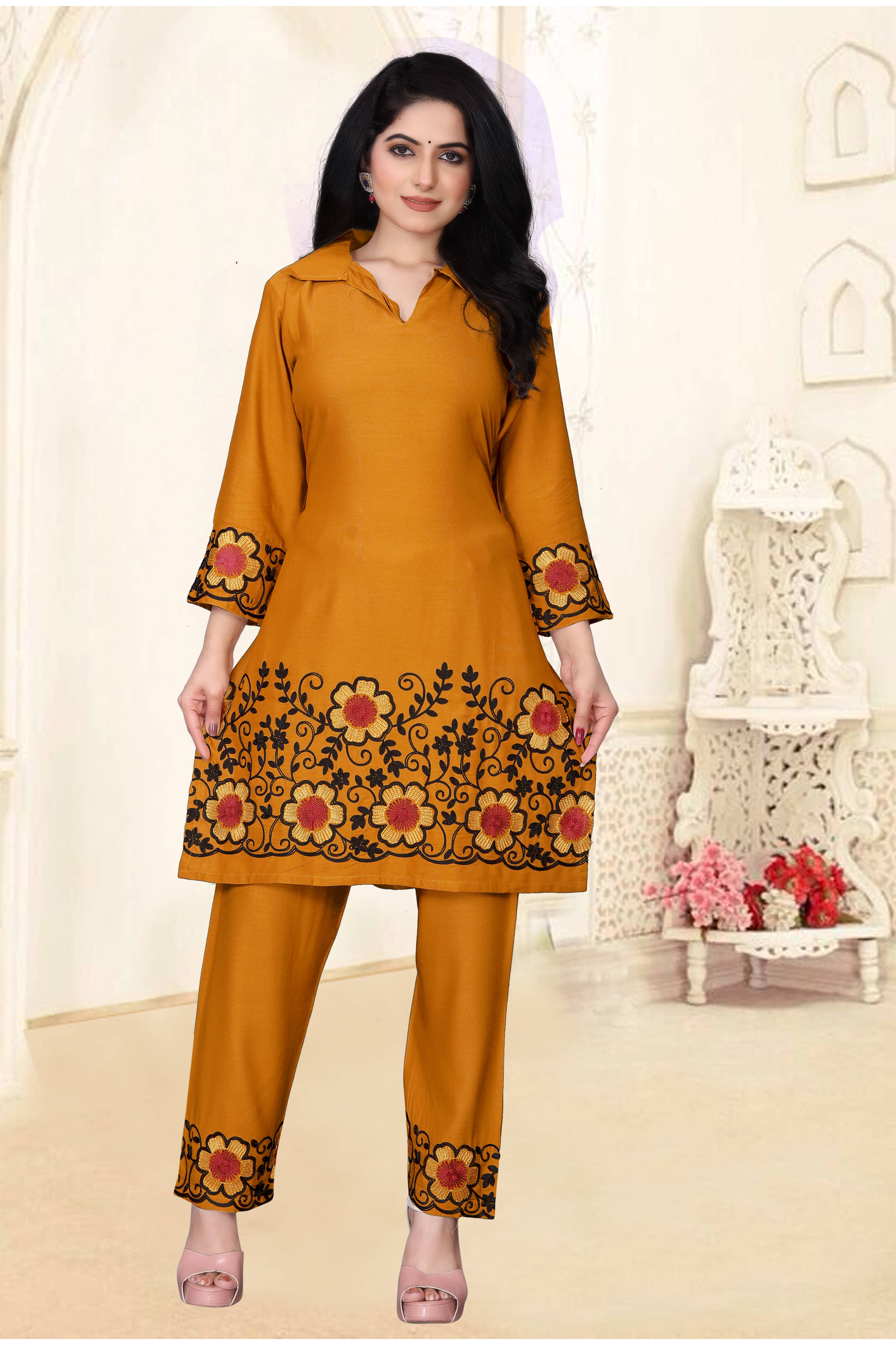     			TUHIRAJ Women Embroidered Top With Trousers Co-Ord Set ( Mustard )