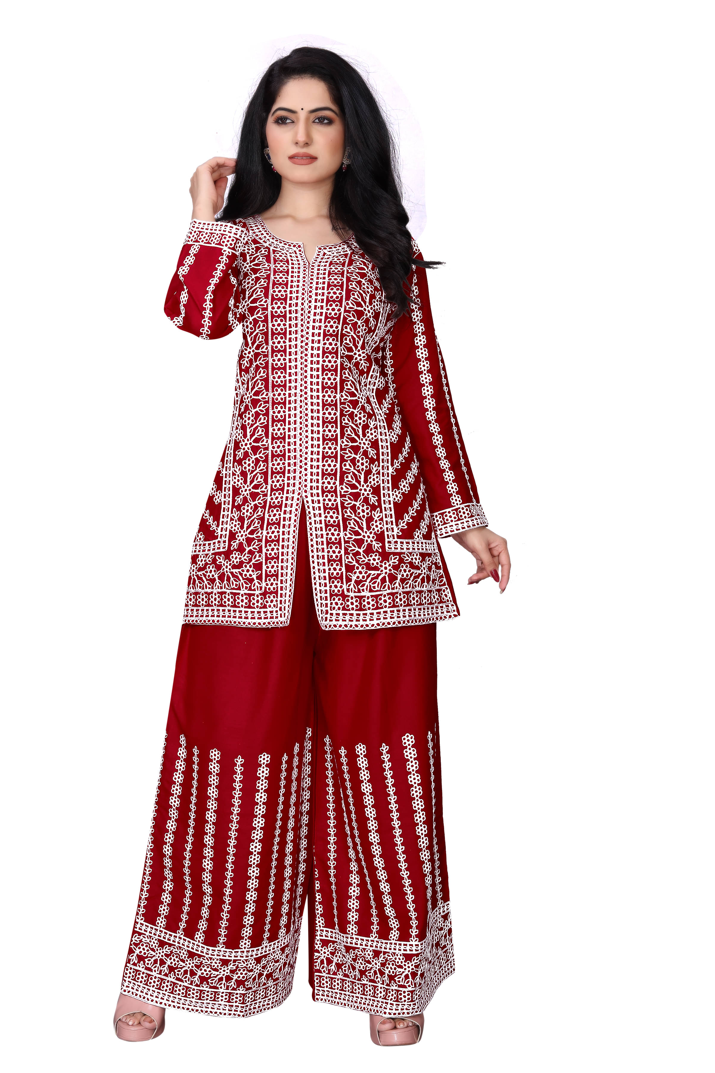     			TUHIRAJ Women Embroidered Top With Palazzos Co-Ord Set ( Maroon )