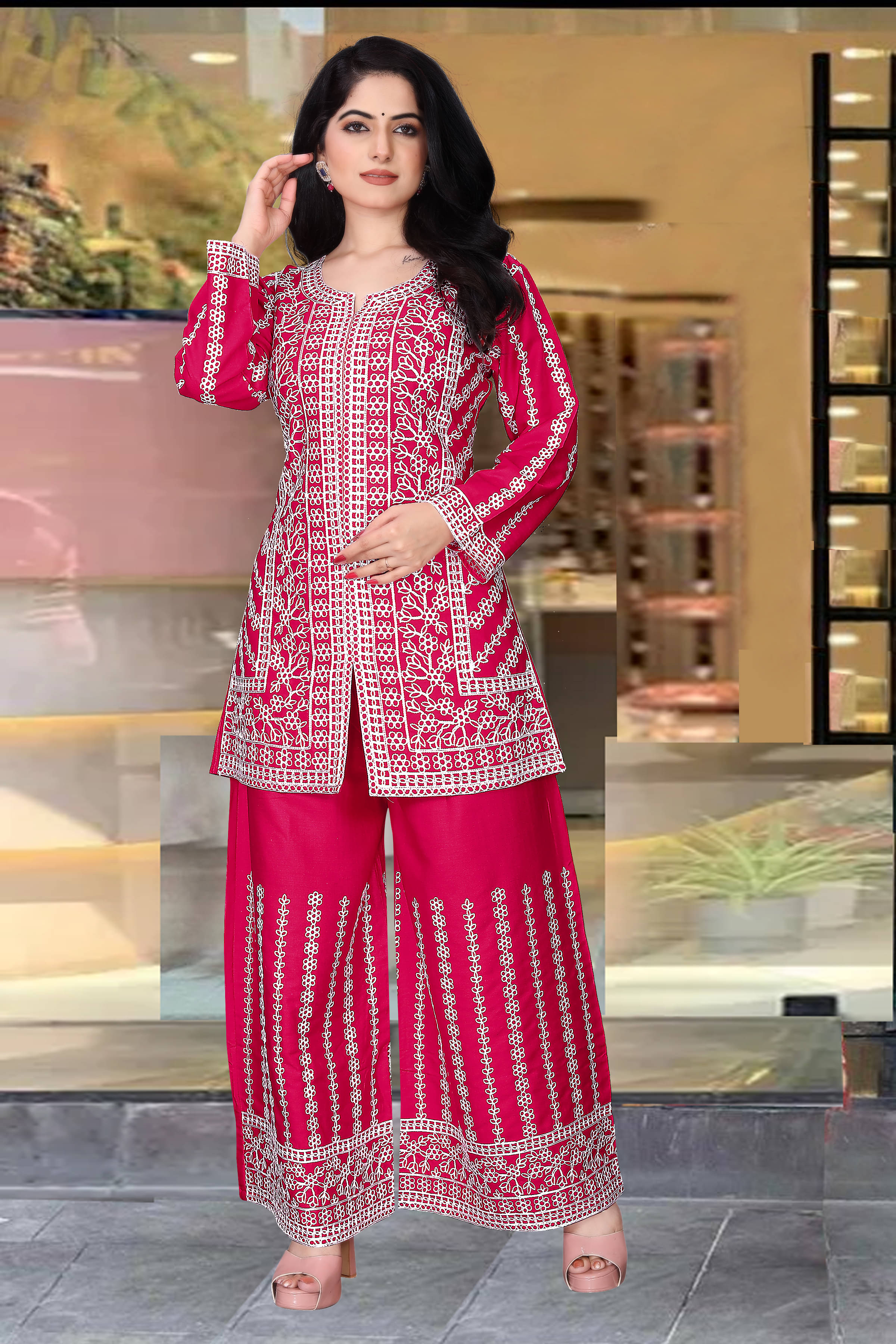     			TUHIRAJ Women Embroidered Top With Palazzos Co-Ord Set ( Pink )