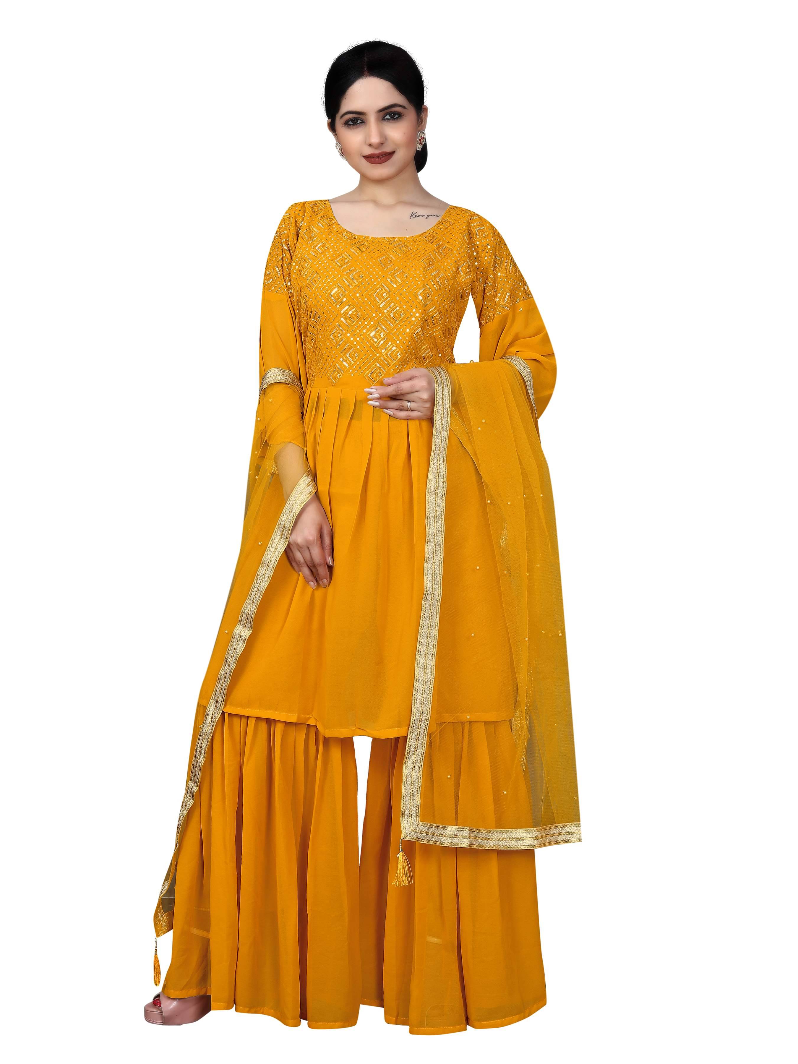TUHIRAJ Women Georgette Embroidered A-Line Kurti With Sharara And Gharara ( Mustard )     			TUHIRAJ Women Georgette Embroidered A-Line Kurti With Sharara And Gharara ( Mustard )