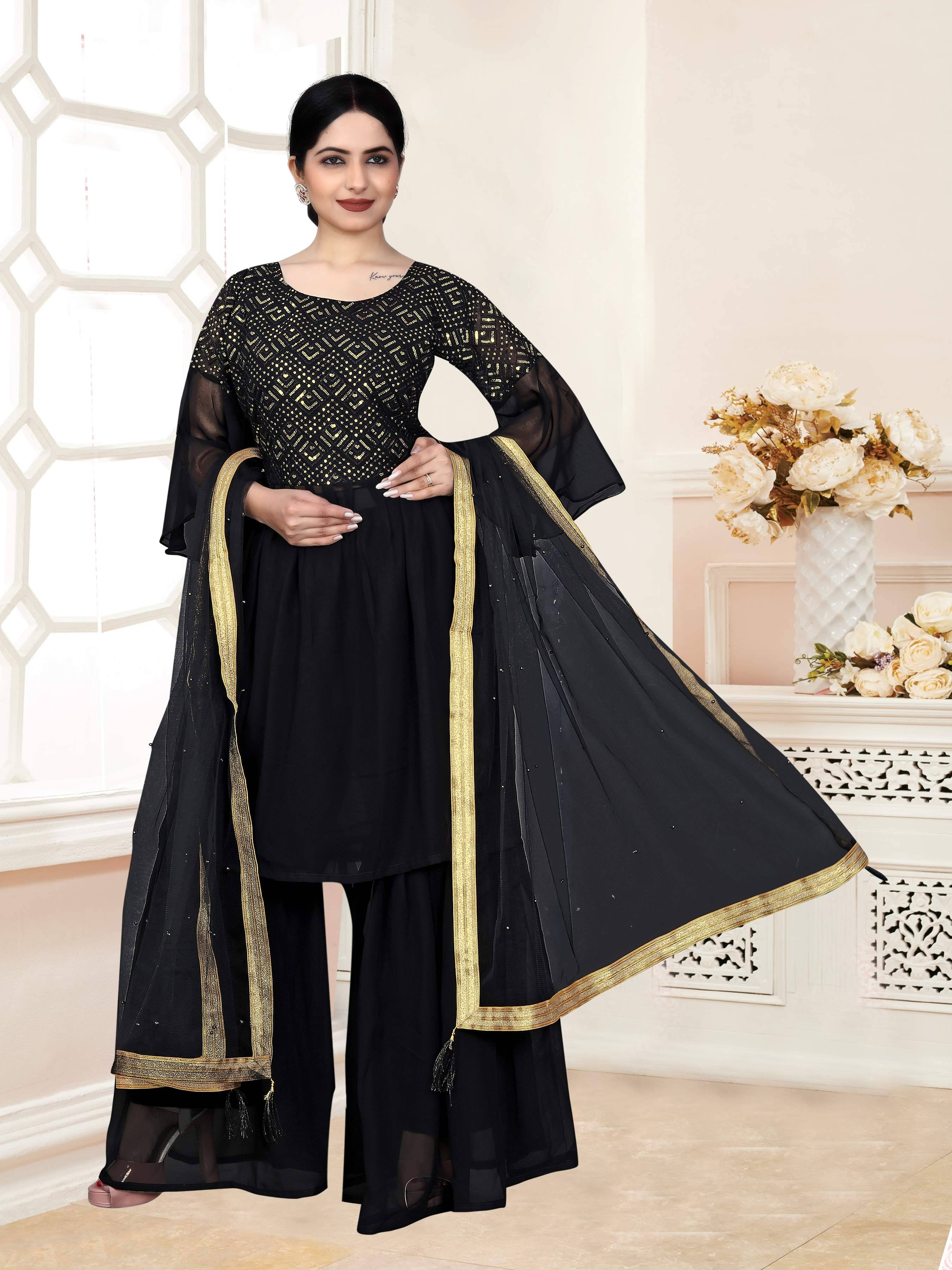     			TUHIRAJ Women Georgette Embroidered A-Line Kurti With Sharara And Gharara ( Black )