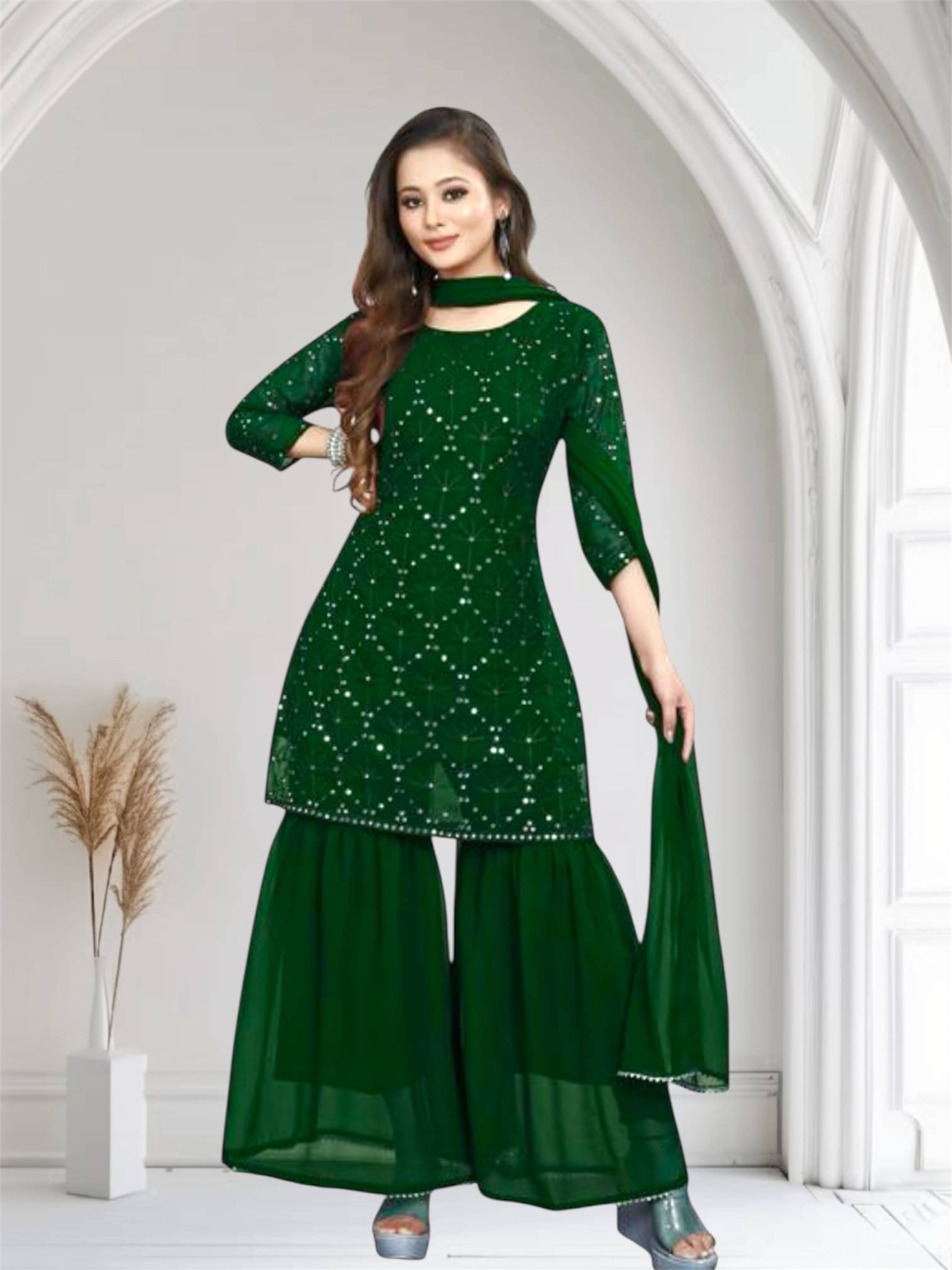     			TUHIRAJ Women Georgette Embroidered A-Line Kurti With Sharara And Gharara ( Green )
