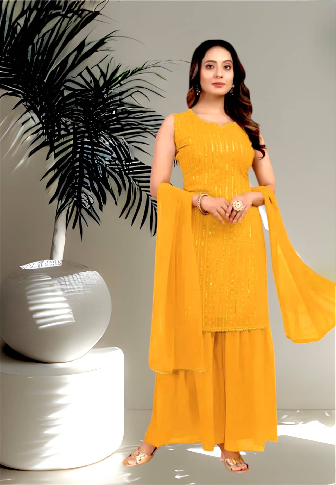 TUHIRAJ Women Georgette Embroidered A-Line Kurti With Sharara And Gharara ( Mustard )     			TUHIRAJ Women Georgette Embroidered A-Line Kurti With Sharara And Gharara ( Mustard )