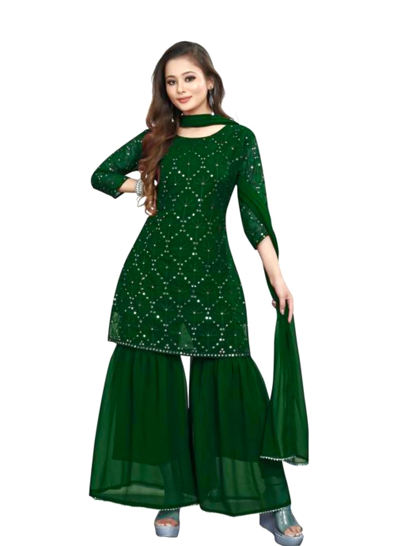 TUHIRAJ Women Georgette Embroidered A-Line Kurti With Sharara And Gharara ( Green ) TUHIRAJ Women Georgette Embroidered A-Line Kurti With Sharara And Gharara ( Green )