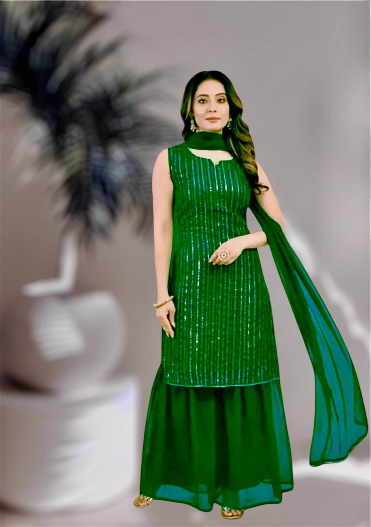 TUHIRAJ Women Georgette Embroidered A-Line Kurti With Sharara And Gharara ( Green ) TUHIRAJ Women Georgette Embroidered A-Line Kurti With Sharara And Gharara ( Green )