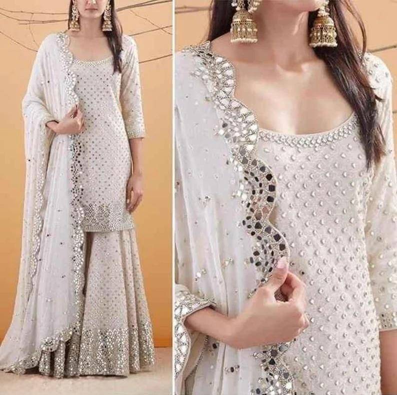    			TUHIRAJ Women Georgette Embroidered A-Line Kurti With Sharara And Gharara ( White )