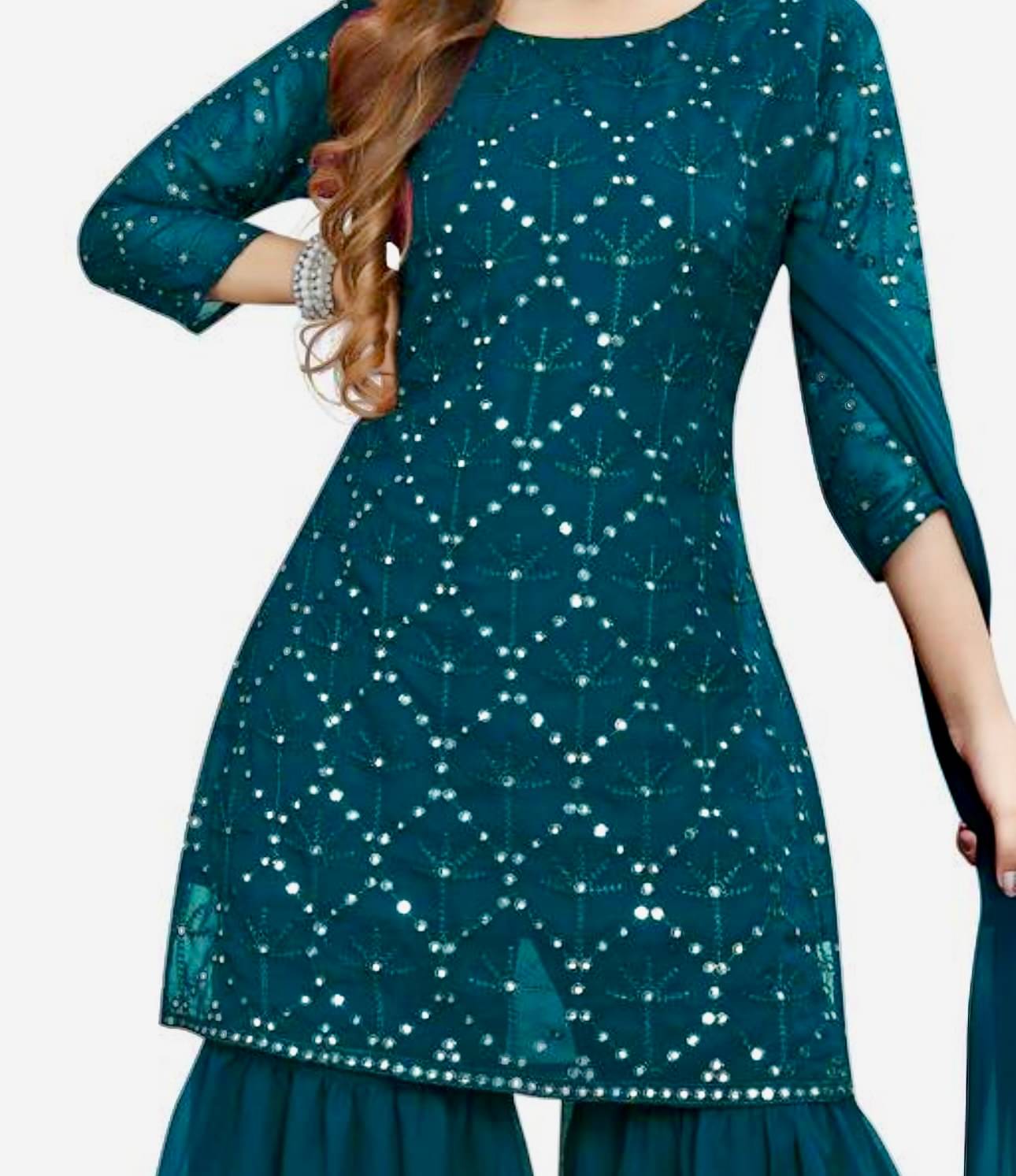     			TUHIRAJ Women Georgette Embroidered A-Line Kurti With Sharara And Gharara ( Wine )