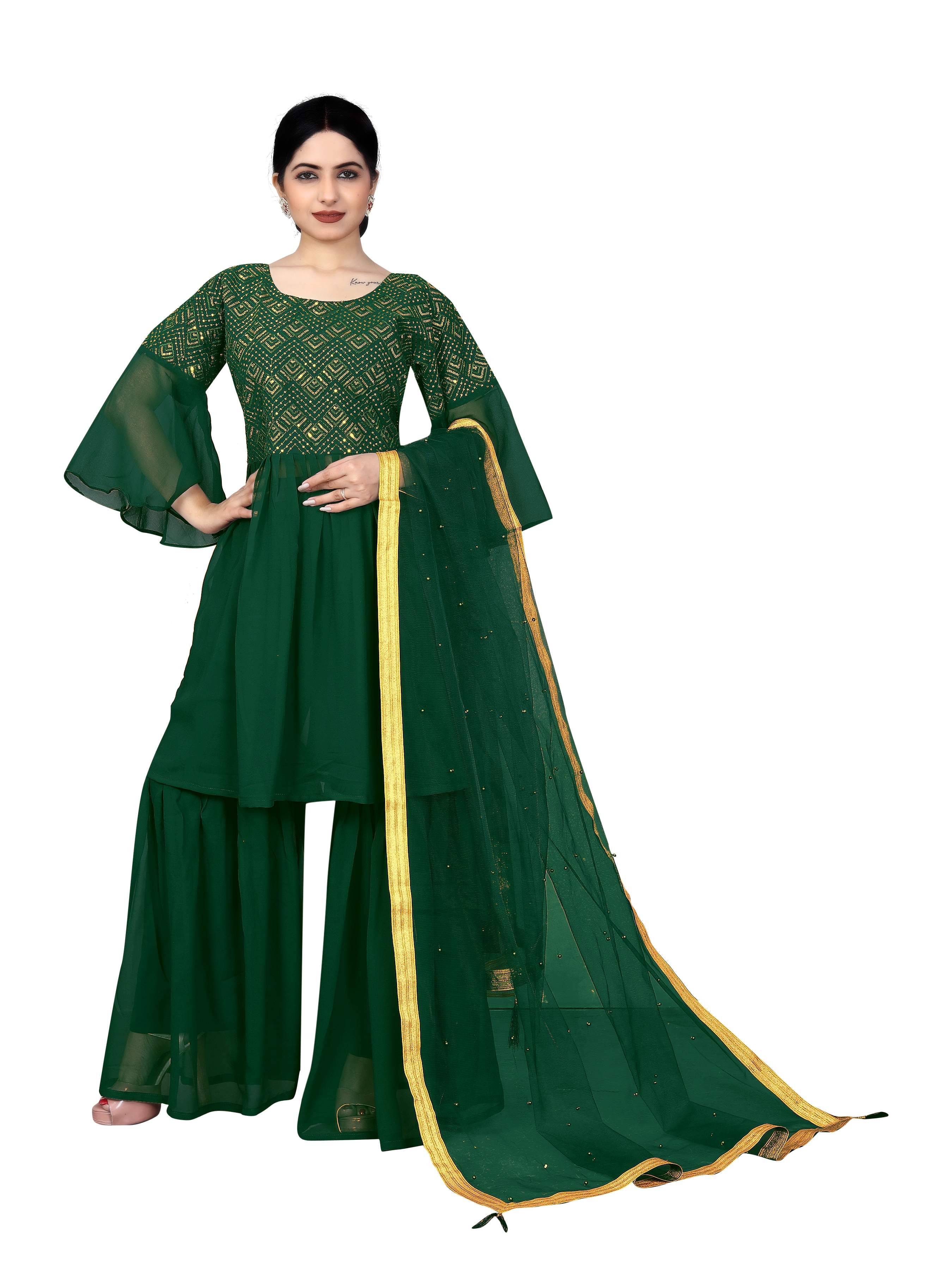     			TUHIRAJ Women Georgette Embroidered A-Line Kurti With Sharara And Gharara ( Green )