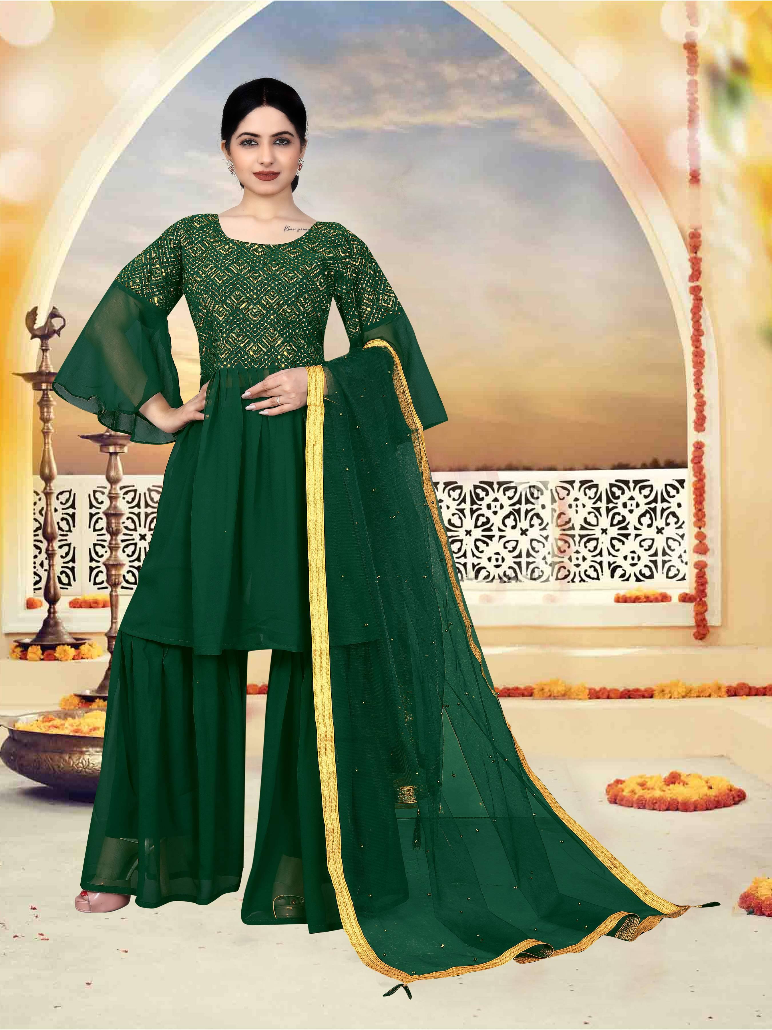     			TUHIRAJ Women Georgette Embroidered A-Line Kurti With Sharara And Gharara ( Green )