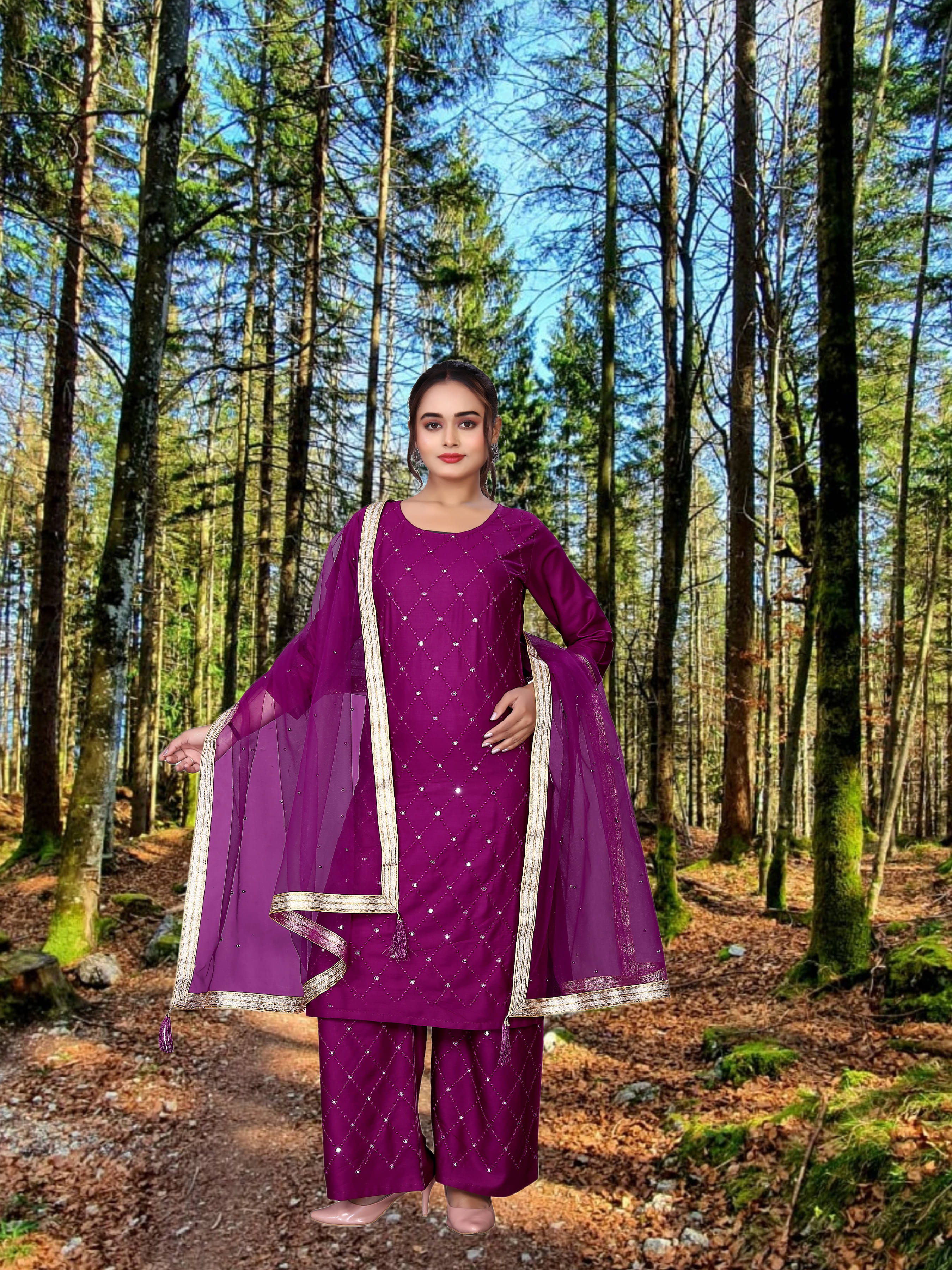     			TUHIRAJ Women Rayon Embroidered A-Line Kurti With Palazzo ( Wine )