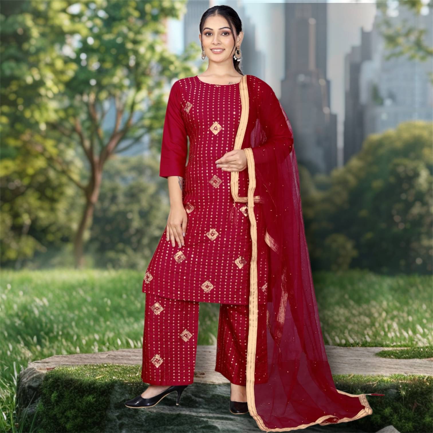 TUHIRAJ Women Rayon Embroidered A-Line Kurti With Palazzo ( Maroon ) TUHIRAJ Women Rayon Embroidered A-Line Kurti With Palazzo ( Maroon )