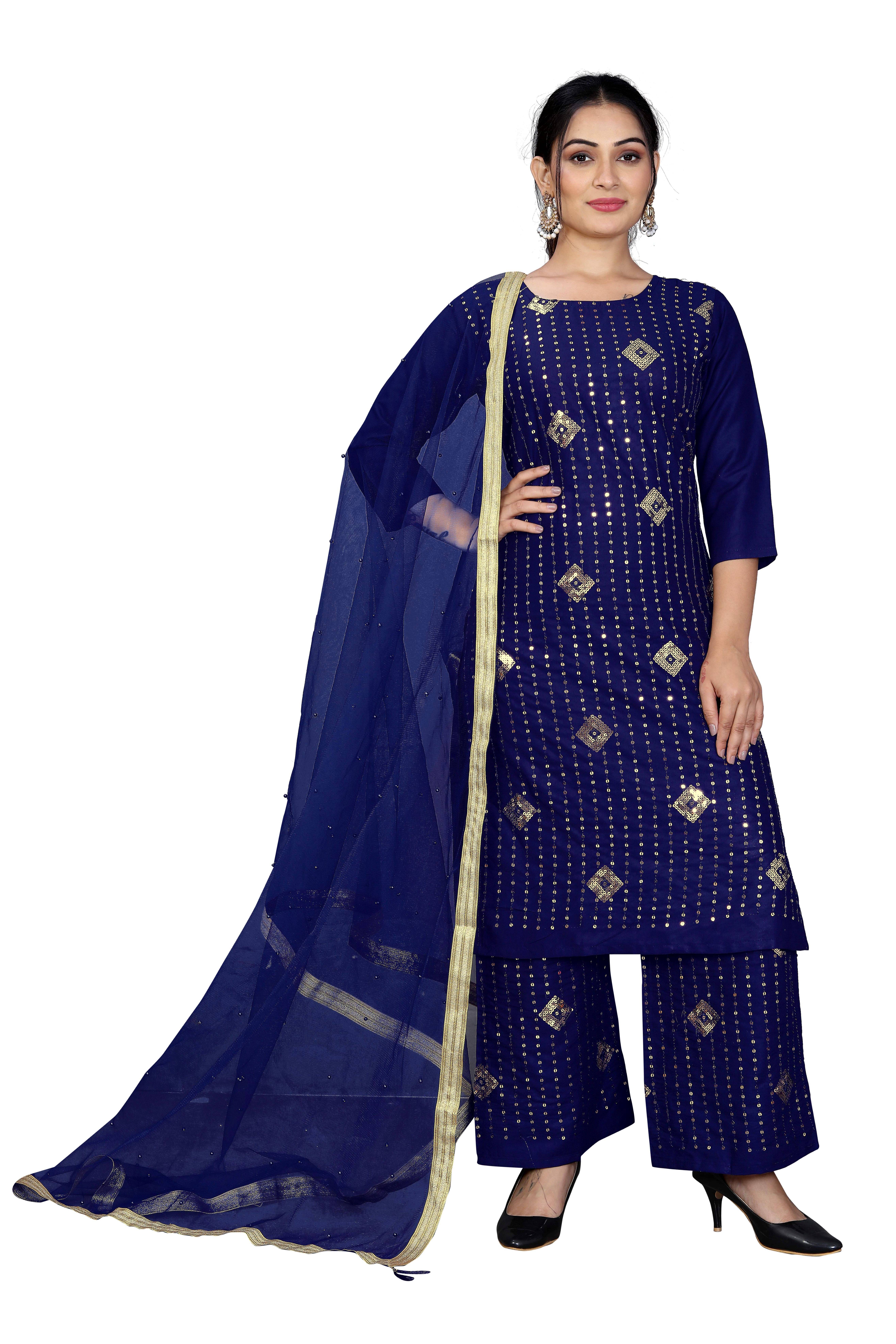     			TUHIRAJ Women Rayon Embroidered A-Line Kurti With Palazzo ( Navy Blue )