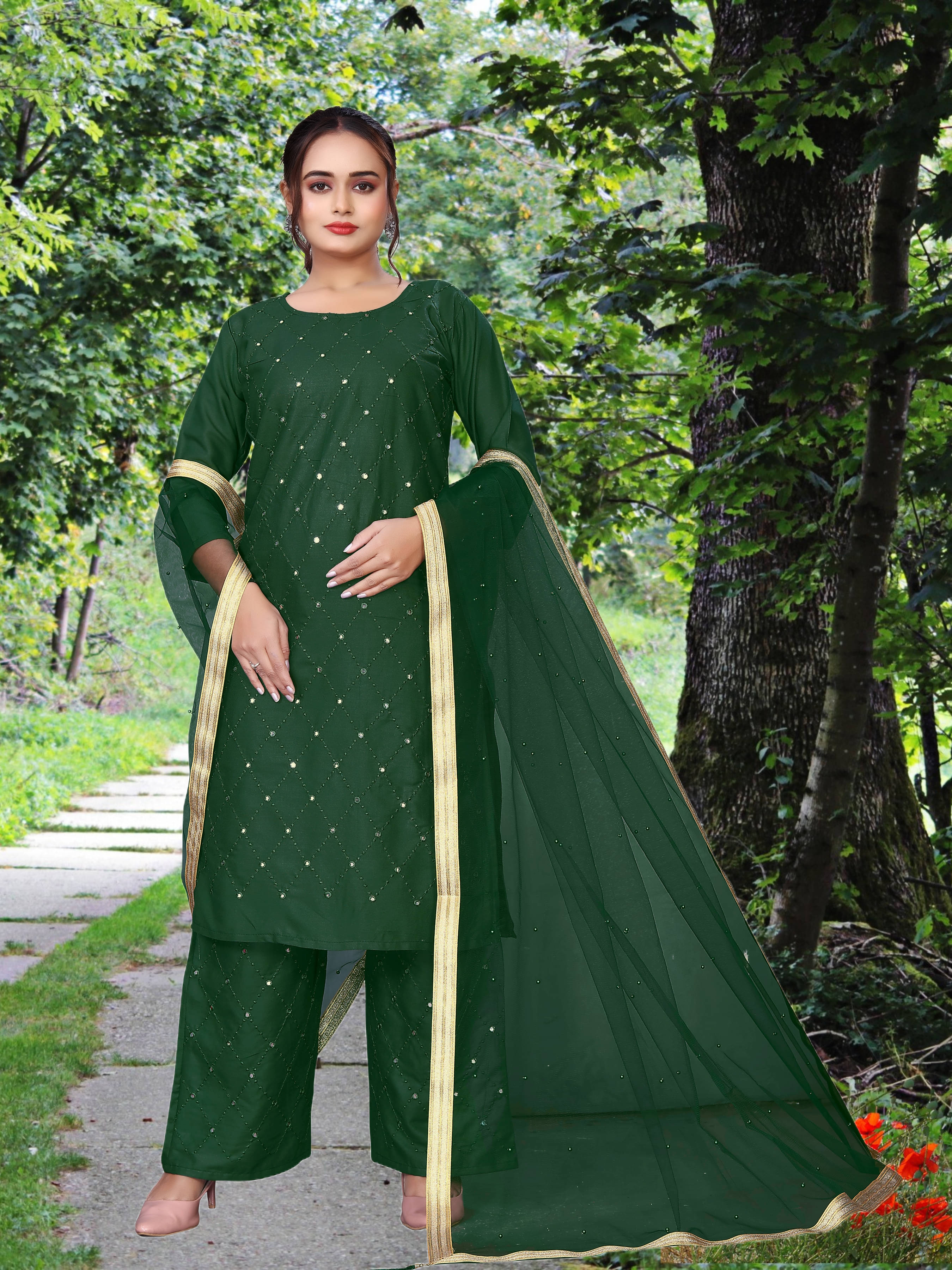 TUHIRAJ Women Rayon Embroidered A-Line Kurti With Palazzo ( Green )     			TUHIRAJ Women Rayon Embroidered A-Line Kurti With Palazzo ( Green )