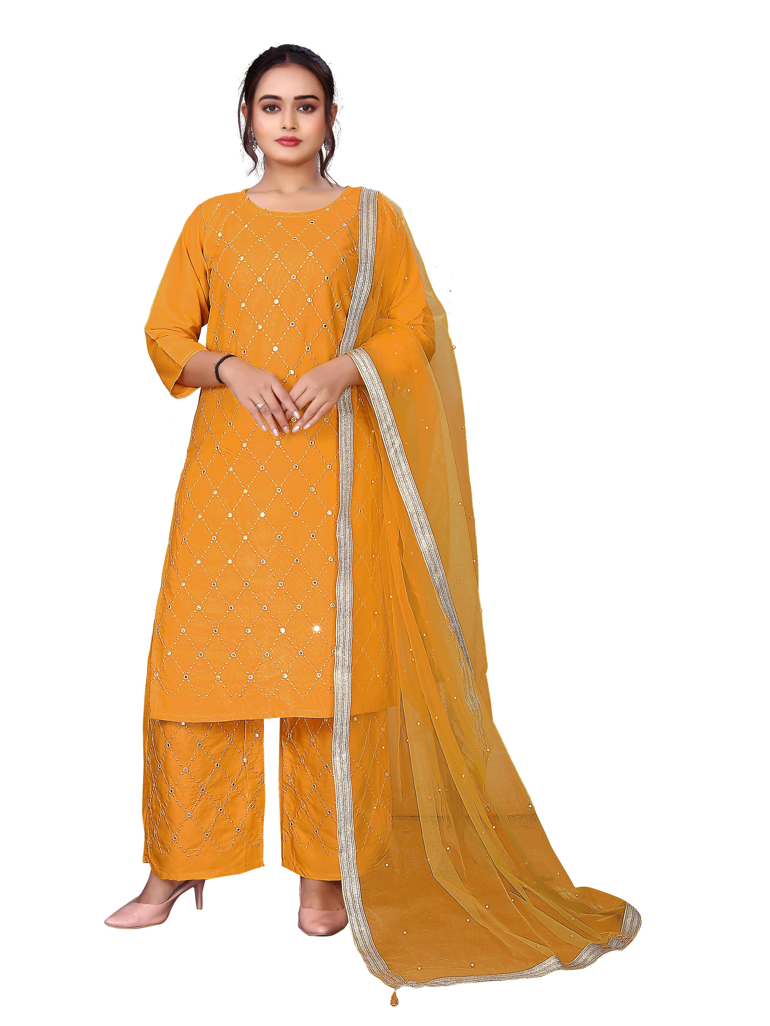     			TUHIRAJ Women Rayon Embroidered A-Line Kurti With Palazzo ( Mustard )