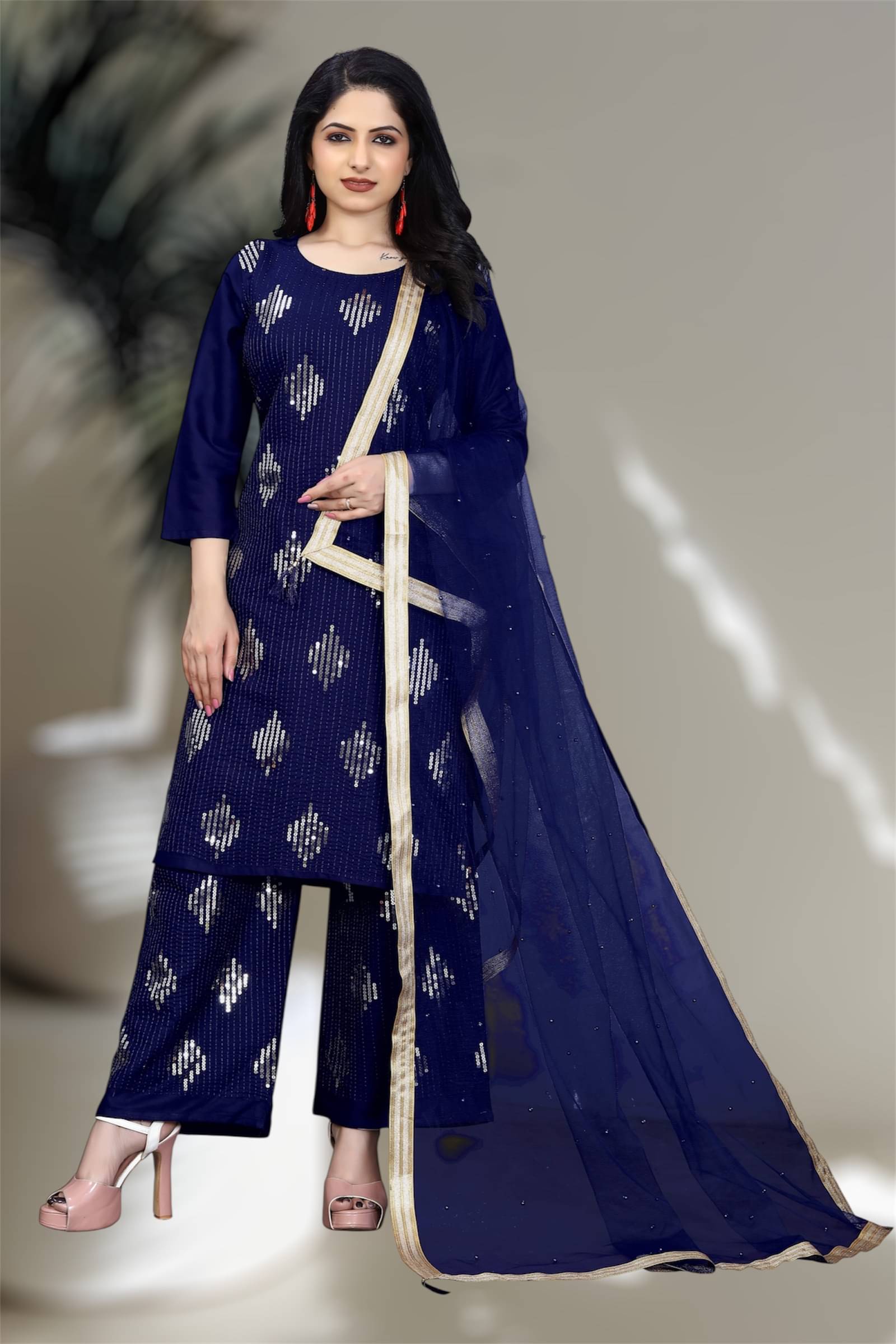     			TUHIRAJ Women Rayon Embroidered A-Line Kurti With Palazzo ( Navy Blue )