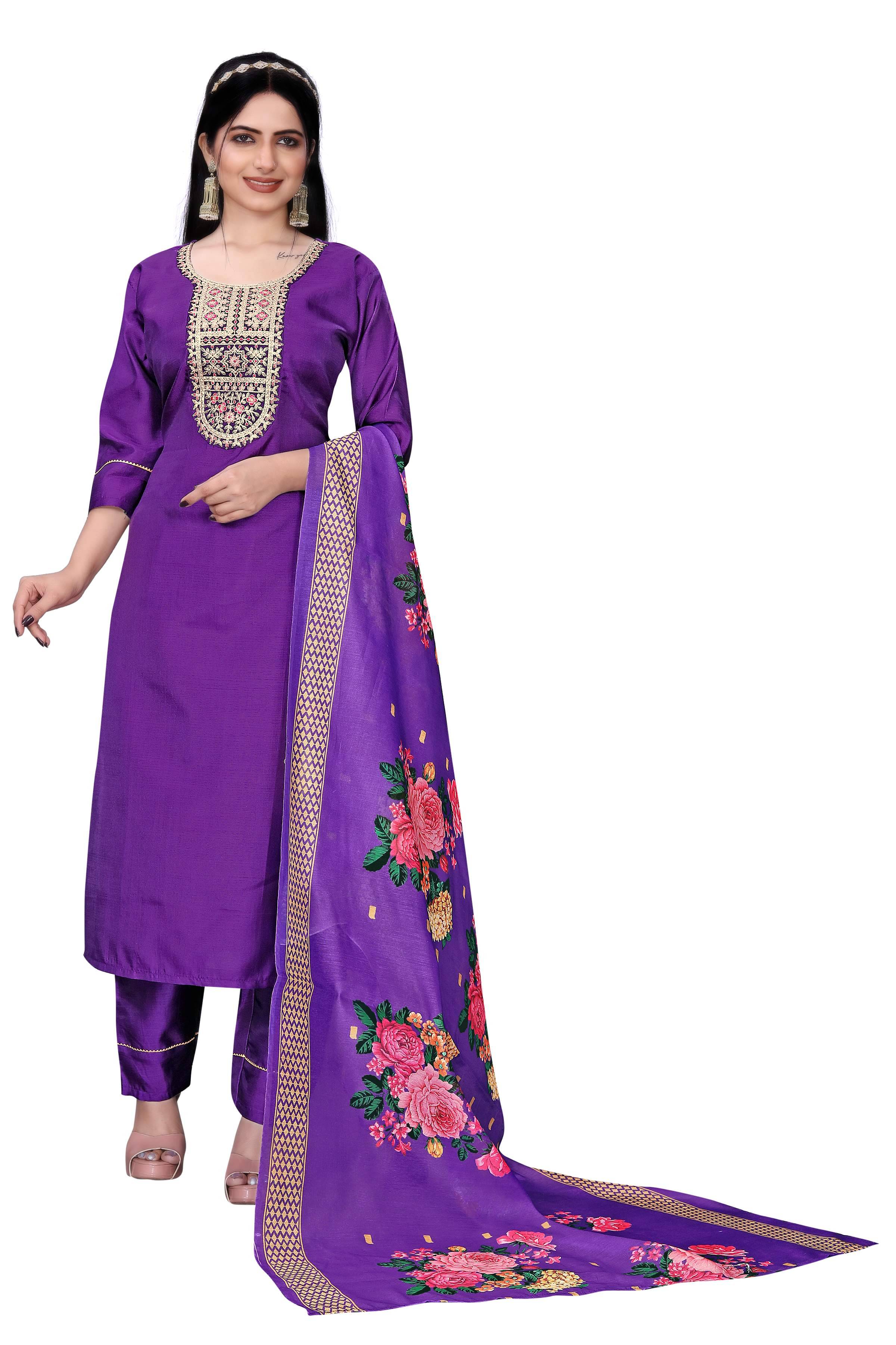TUHIRAJ Women Silk Blend Embroidered A-Line Kurti With Pants ( Purple )     			TUHIRAJ Women Silk Blend Embroidered A-Line Kurti With Pants ( Purple )