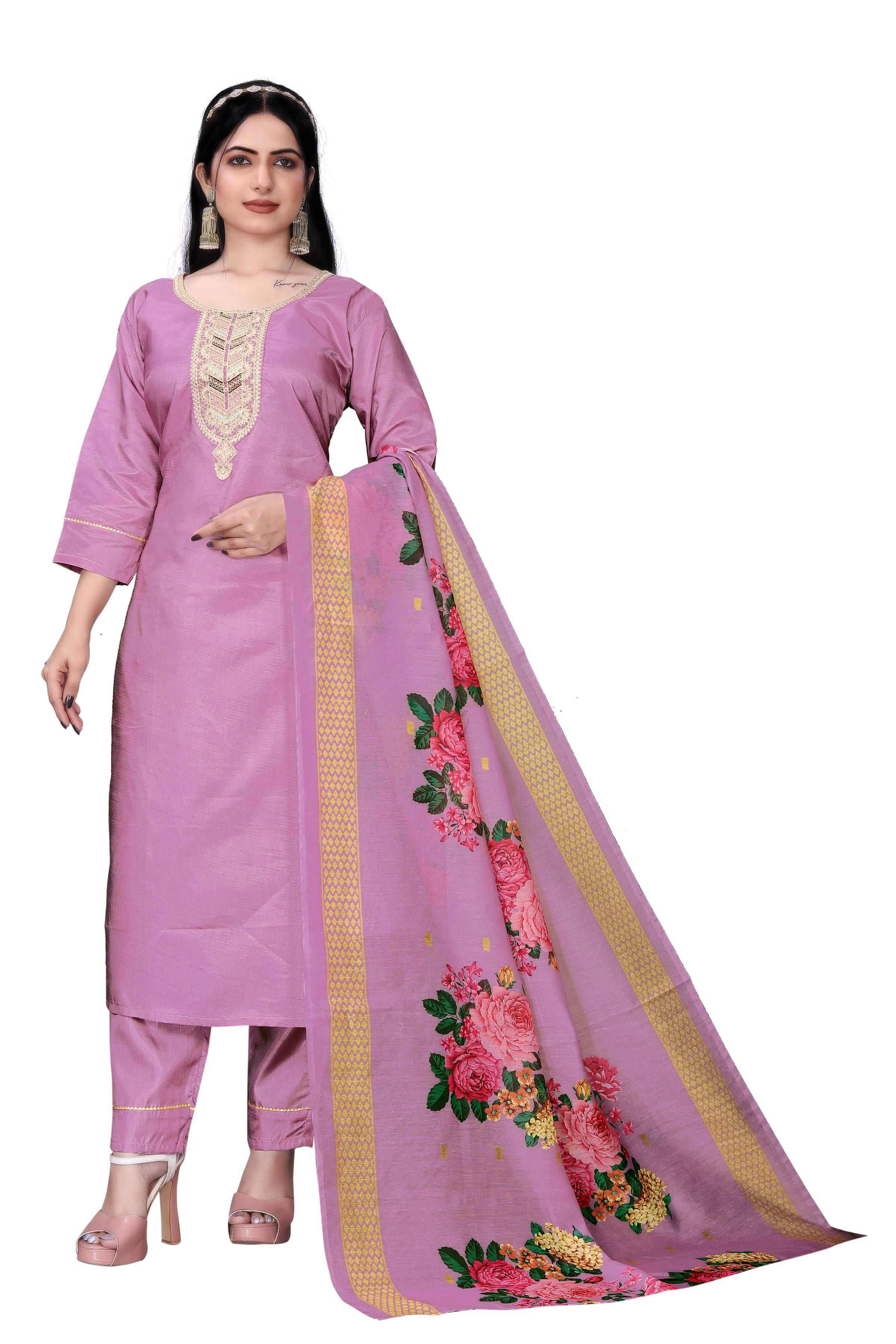 TUHIRAJ Women Silk Blend Embroidered A-Line Kurti With Pants ( Lavender ) TUHIRAJ Women Silk Blend Embroidered A-Line Kurti With Pants ( Lavender )