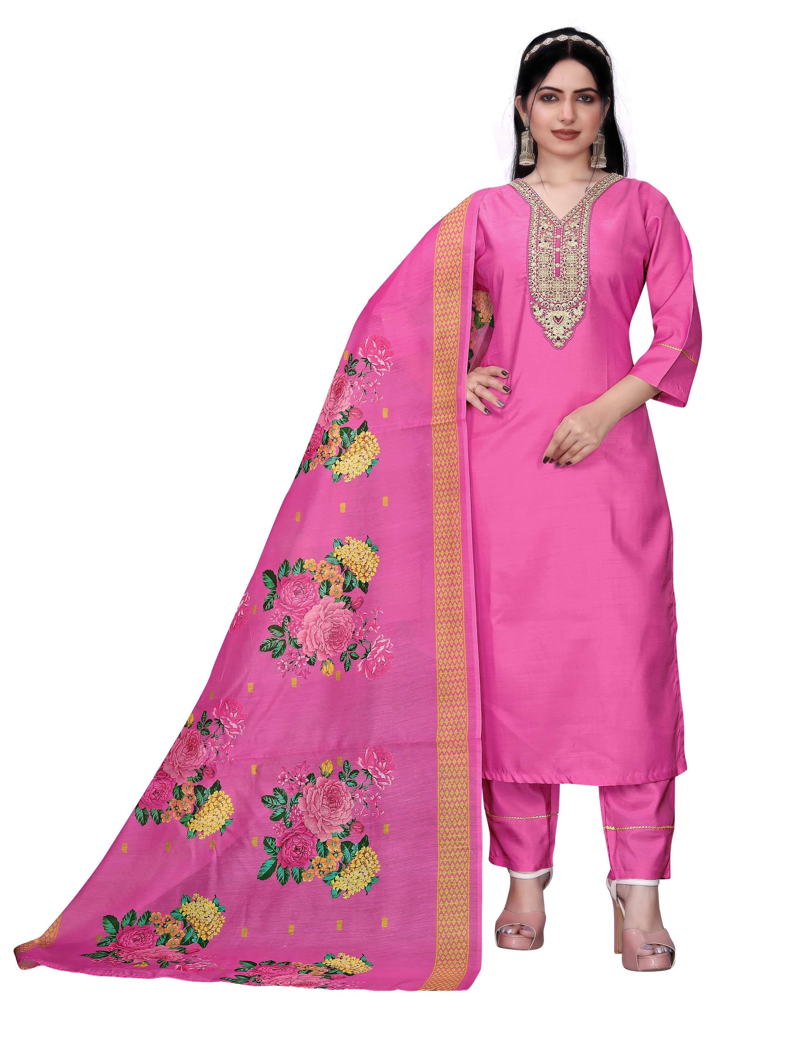     			TUHIRAJ Women Silk Blend Embroidered A-Line Kurti With Pants ( Pink )