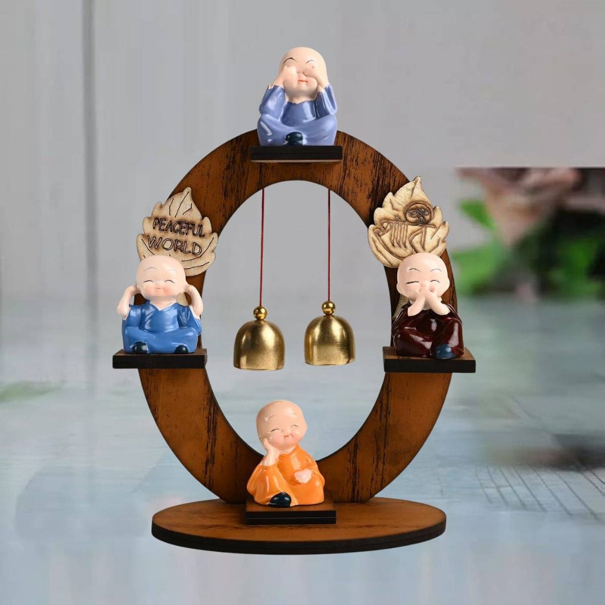 Tiny Shiny Set of 4 Adorable Buddha Monks On Wooden Stand with Bells for Peaceful Home Decor & Office Decor, Special Gifting Tiny Shiny Set of 4 Adorable Buddha Monks On Wooden Stand with Bells for Peaceful Home Decor & Office Decor, Special Gifting
