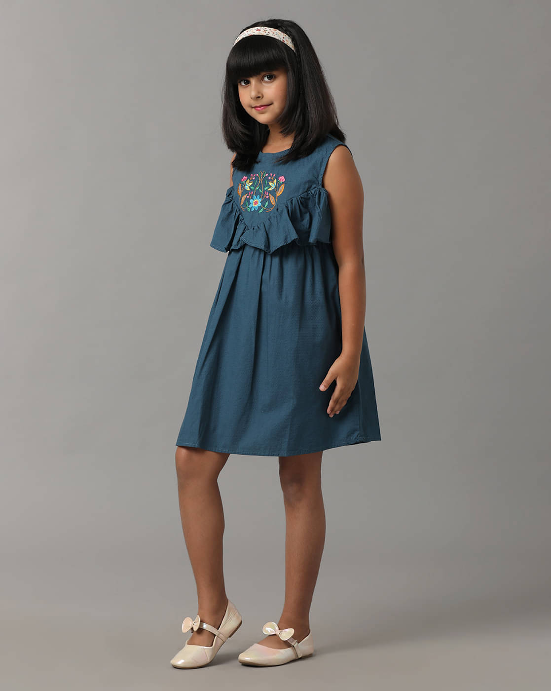     			Under Fourteen Only Cotton Dress For Girls ( Pack of 1 , Blue )