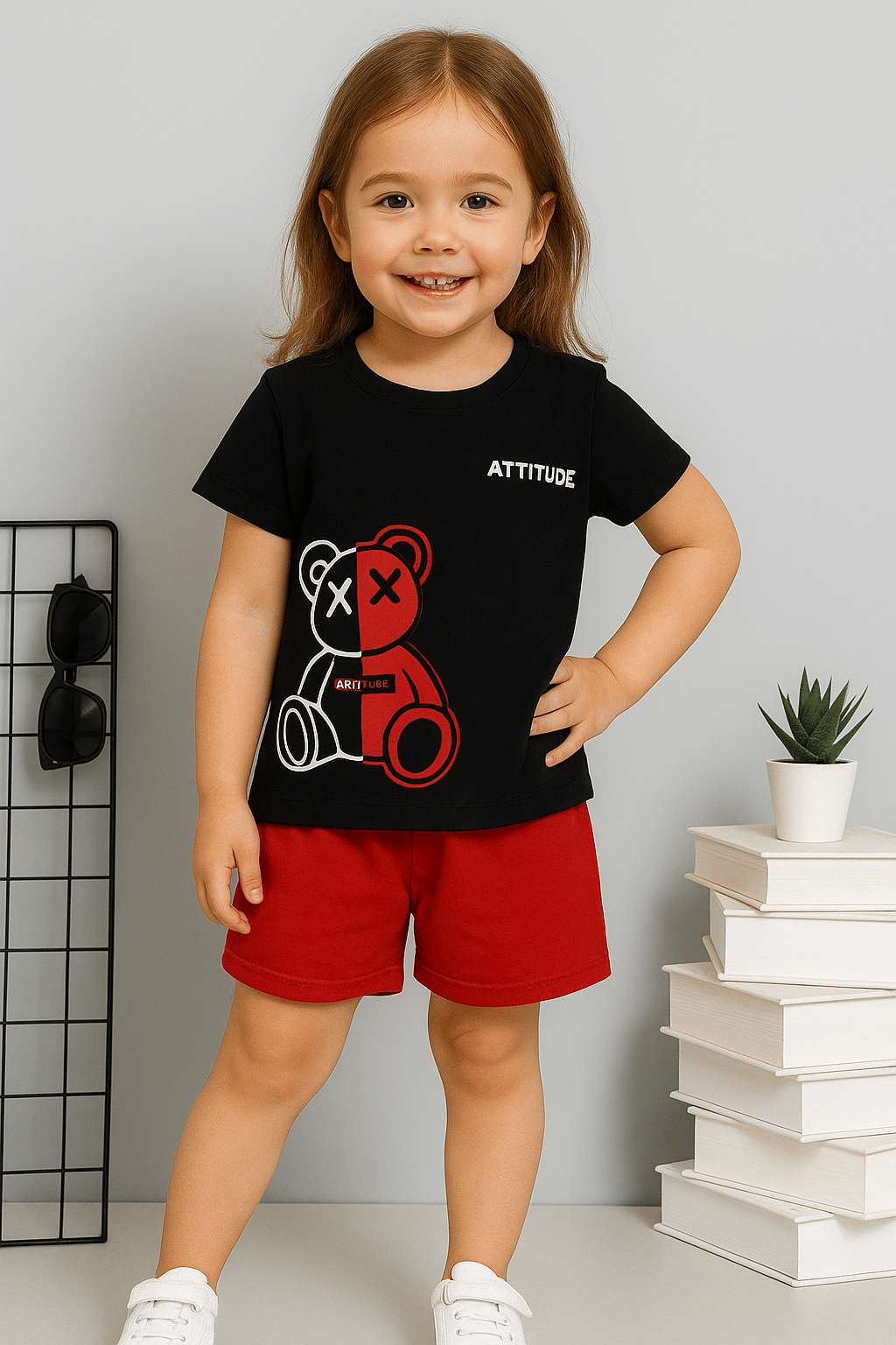    			WESEVEN Pack of 1 Girls Cotton Blend T-shirt & Shorts ( Red )