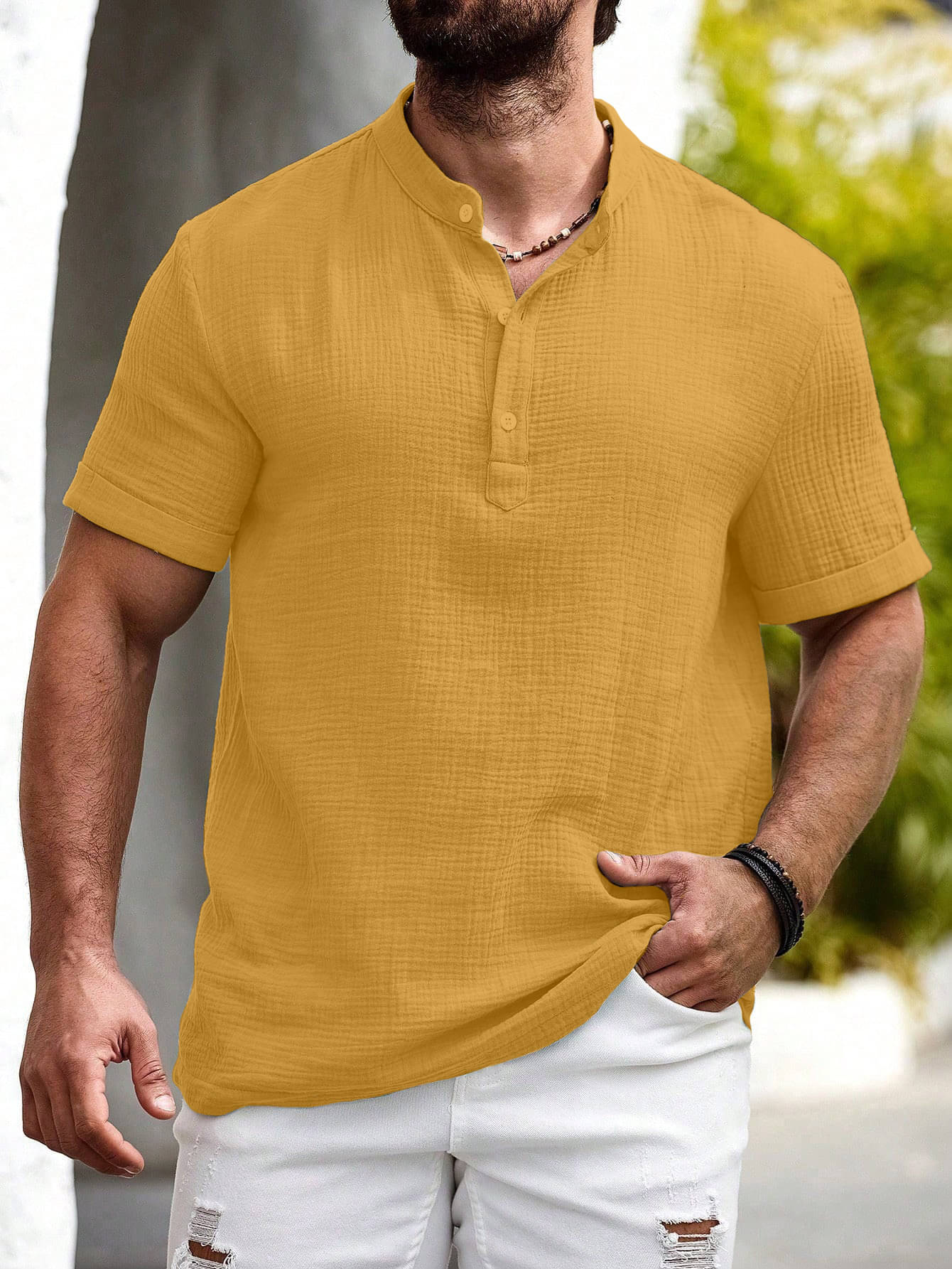     			color bucket Cotton Blend Regular Fit Popcorn Textured Half Sleeves Men's Casual Shirt - Yellow ( Pack of 1 )