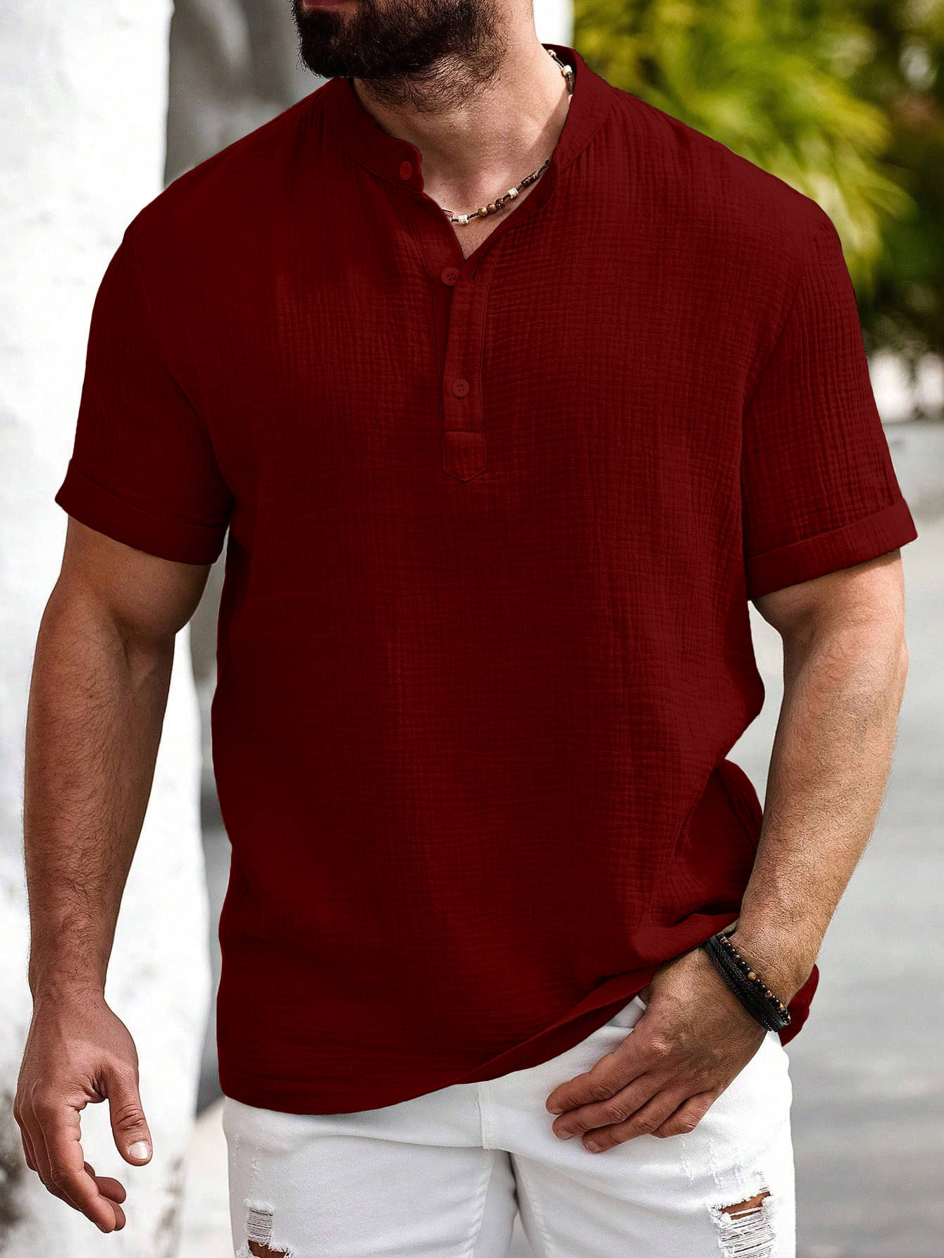     			color bucket Cotton Blend Regular Fit Popcorn Textured Half Sleeves Men's Casual Shirt - Maroon ( Pack of 1 )