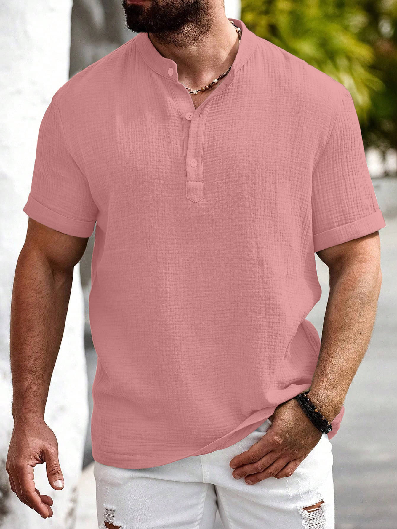     			color bucket Cotton Blend Regular Fit Popcorn Textured Half Sleeves Men's Casual Shirt - Peach ( Pack of 1 )