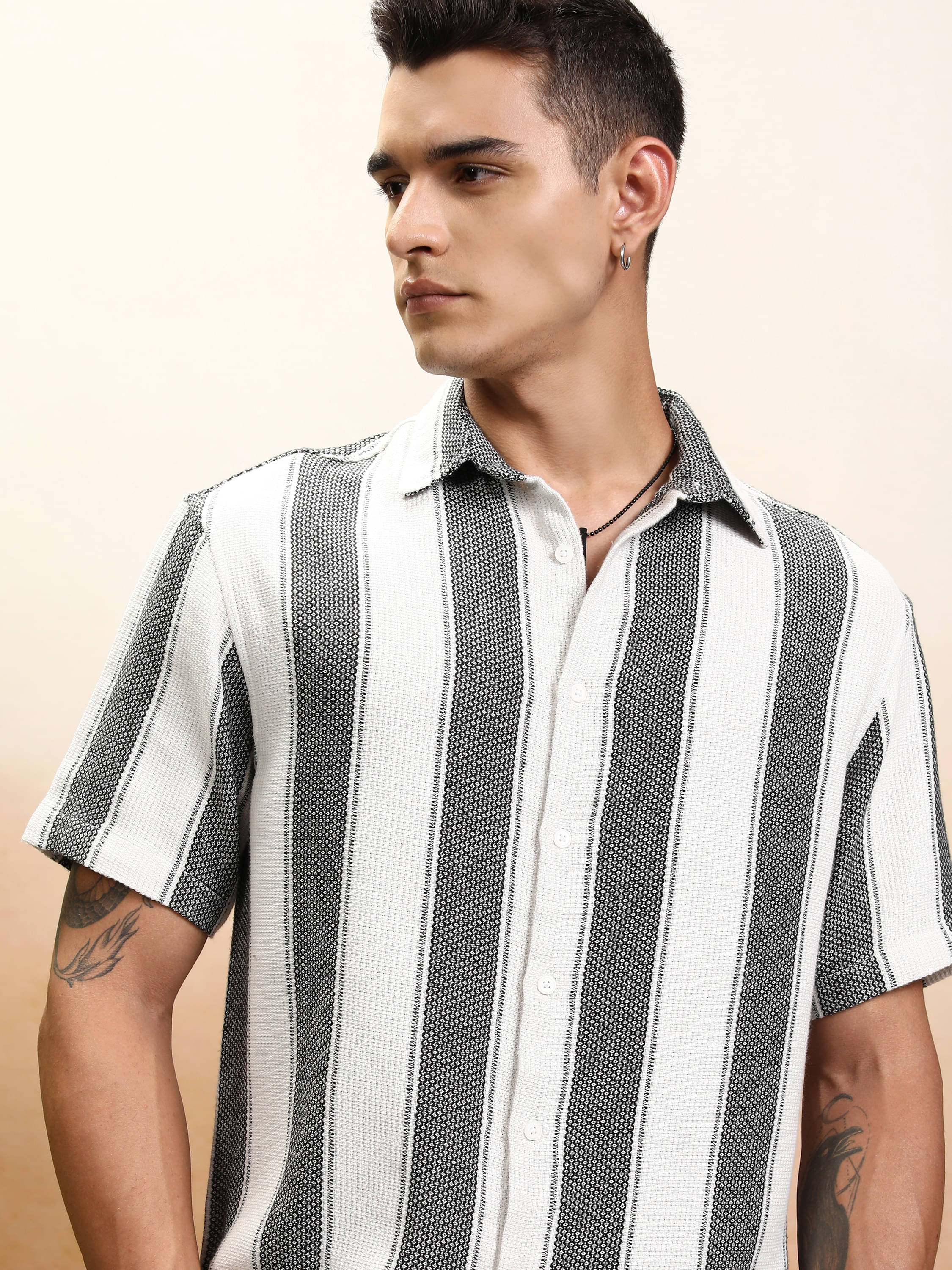 Highlander 100% Cotton Oversized Fit Striped Half Sleeves Men's Casual Shirt - White ( Pack of 1 ) Highlander 100% Cotton Oversized Fit Striped Half Sleeves Men's Casual Shirt - White ( Pack of 1 )