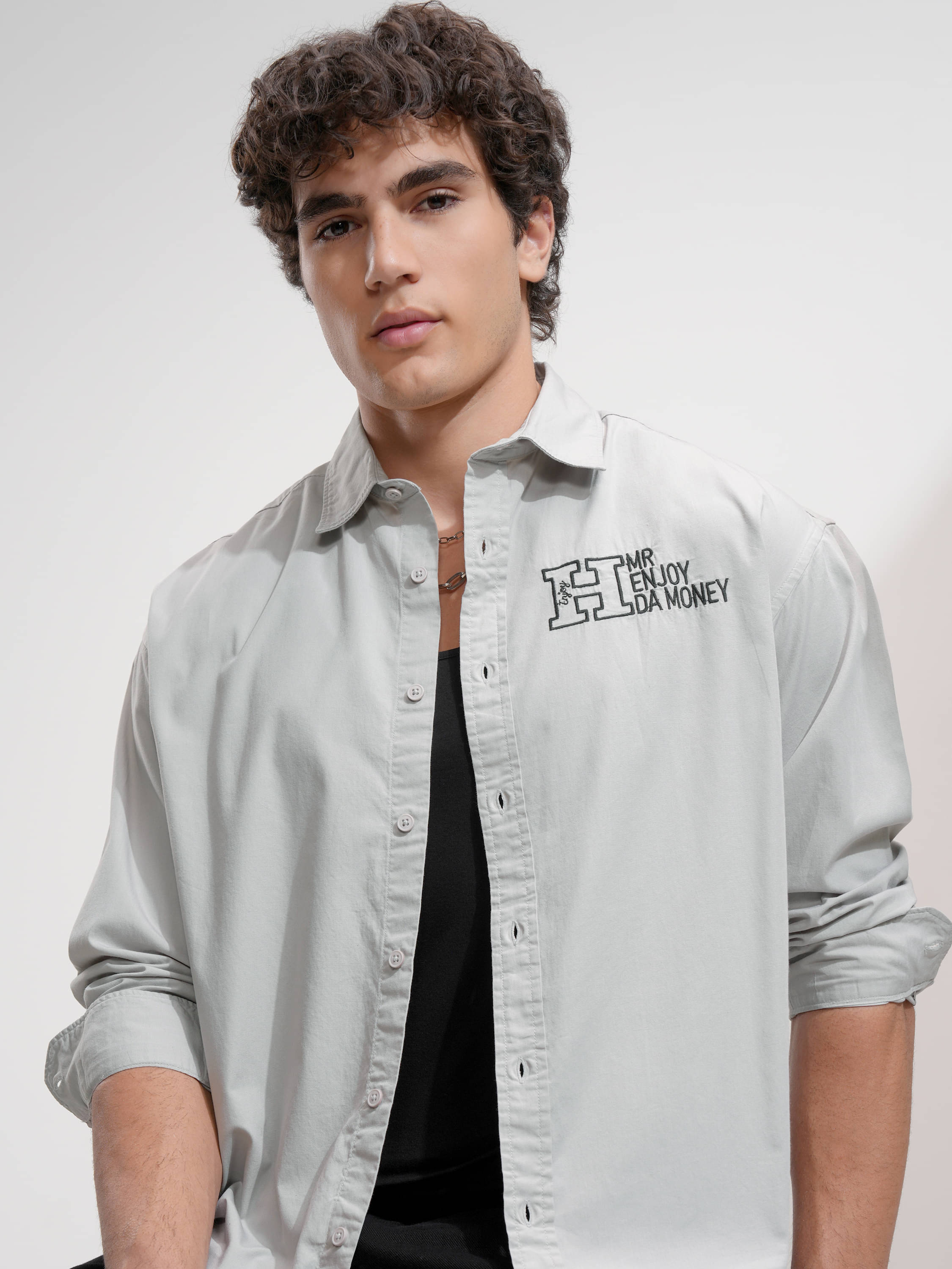     			Highlander 100% Cotton Oversized Fit Self Design Full Sleeves Men's Casual Shirt - Grey ( Pack of 1 )