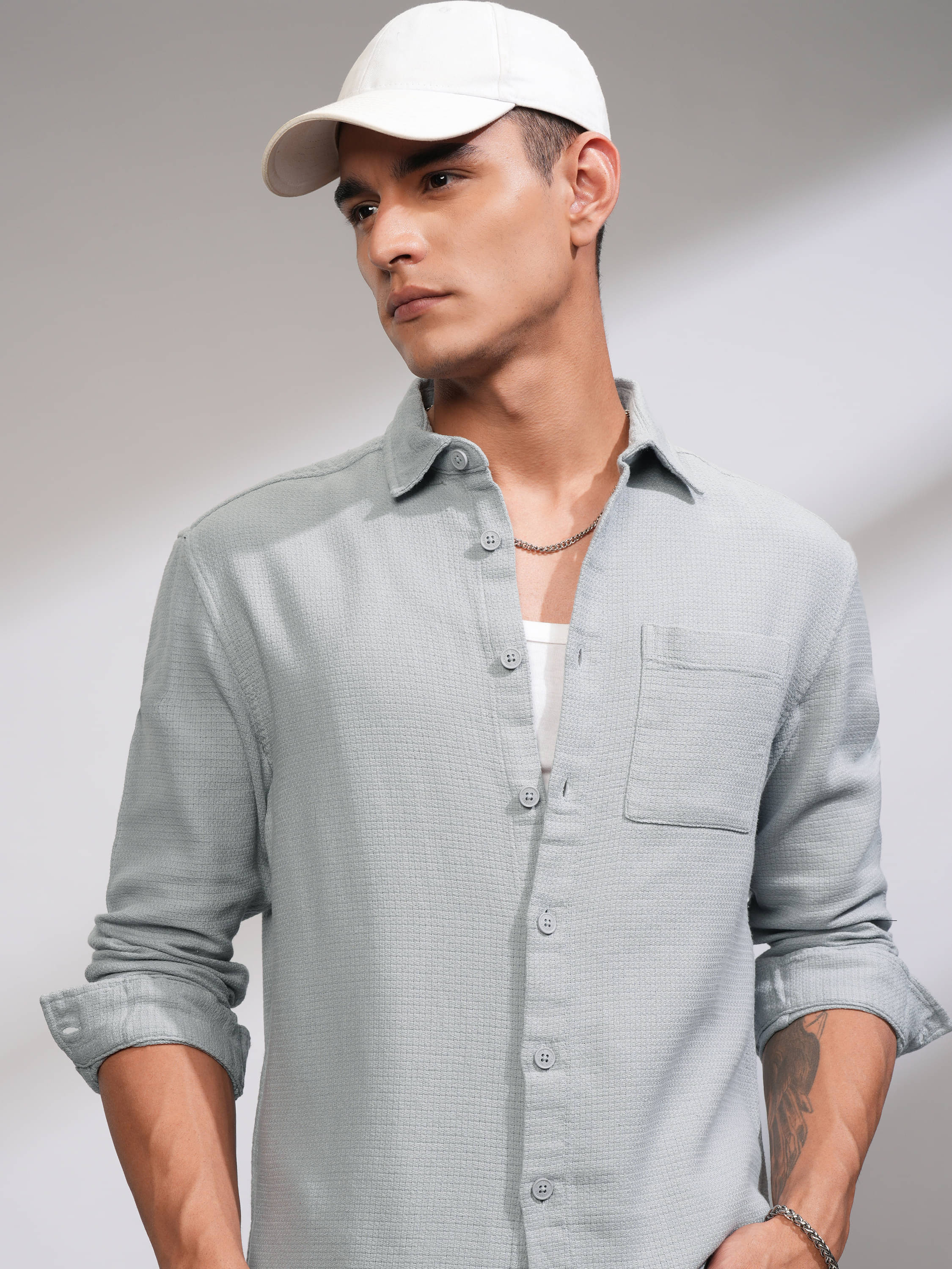     			Highlander 100% Cotton Oversized Fit Self Design Full Sleeves Men's Casual Shirt - Light Grey ( Pack of 1 )