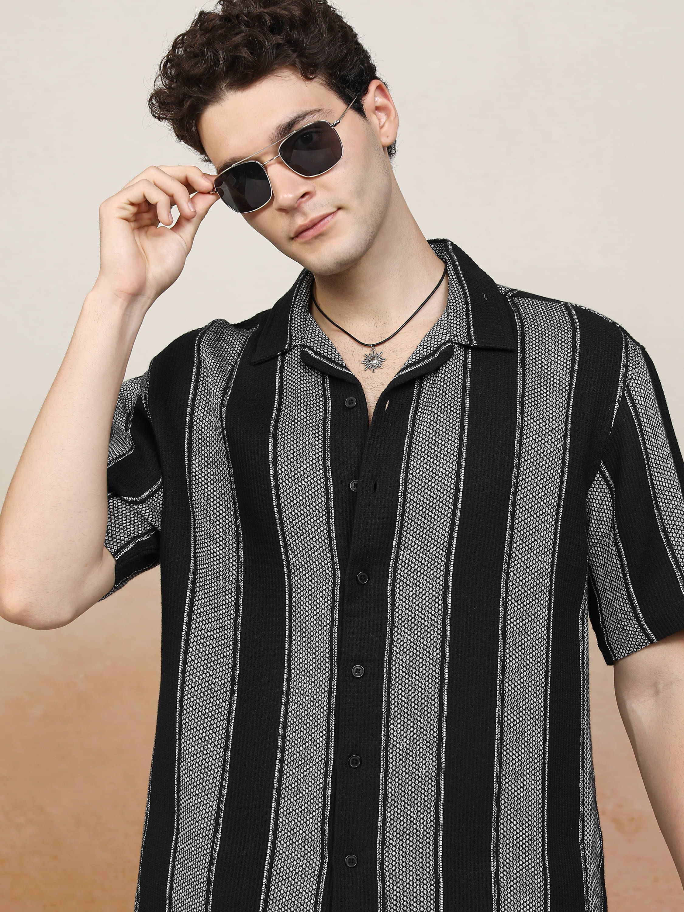 Highlander 100% Cotton Oversized Fit Striped Half Sleeves Men's Casual Shirt - Black ( Pack of 1 )     			Highlander 100% Cotton Oversized Fit Striped Half Sleeves Men's Casual Shirt - Black ( Pack of 1 )