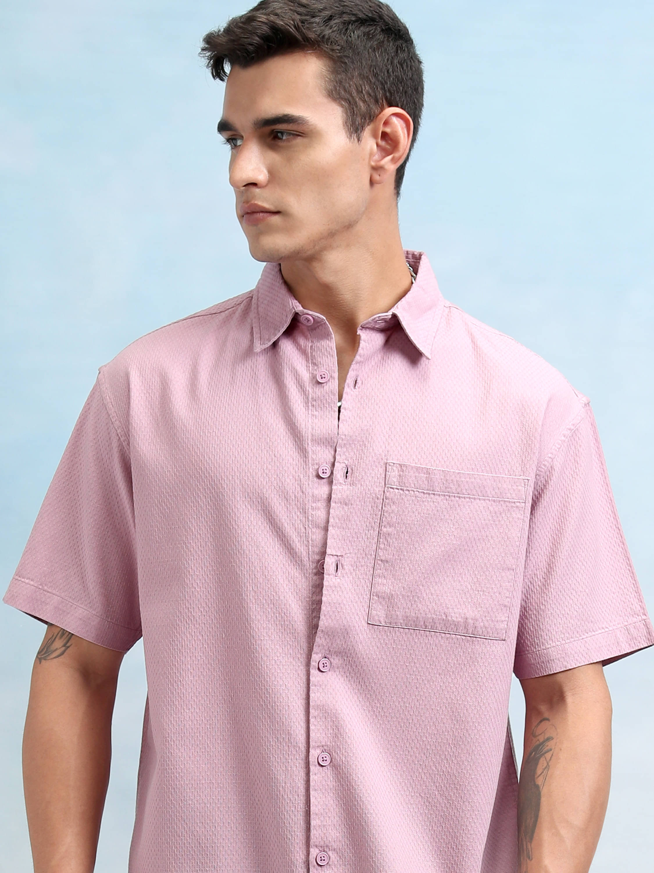     			Highlander 100% Cotton Oversized Fit Self Design Half Sleeves Men's Casual Shirt - Pink ( Pack of 1 )