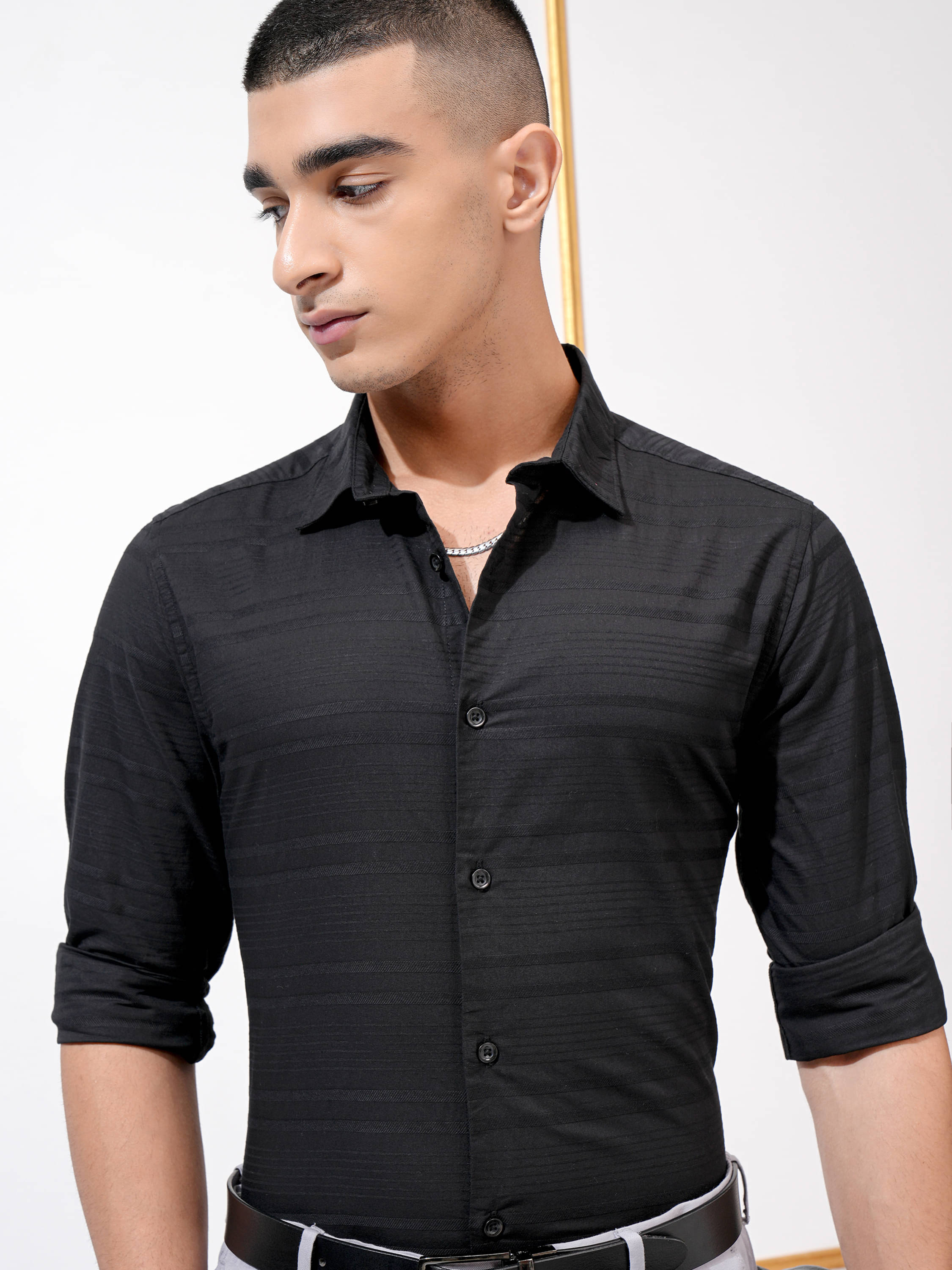     			Highlander 100% Cotton Regular Fit Striped Full Sleeves Men's Casual Shirt - Black ( Pack of 1 )