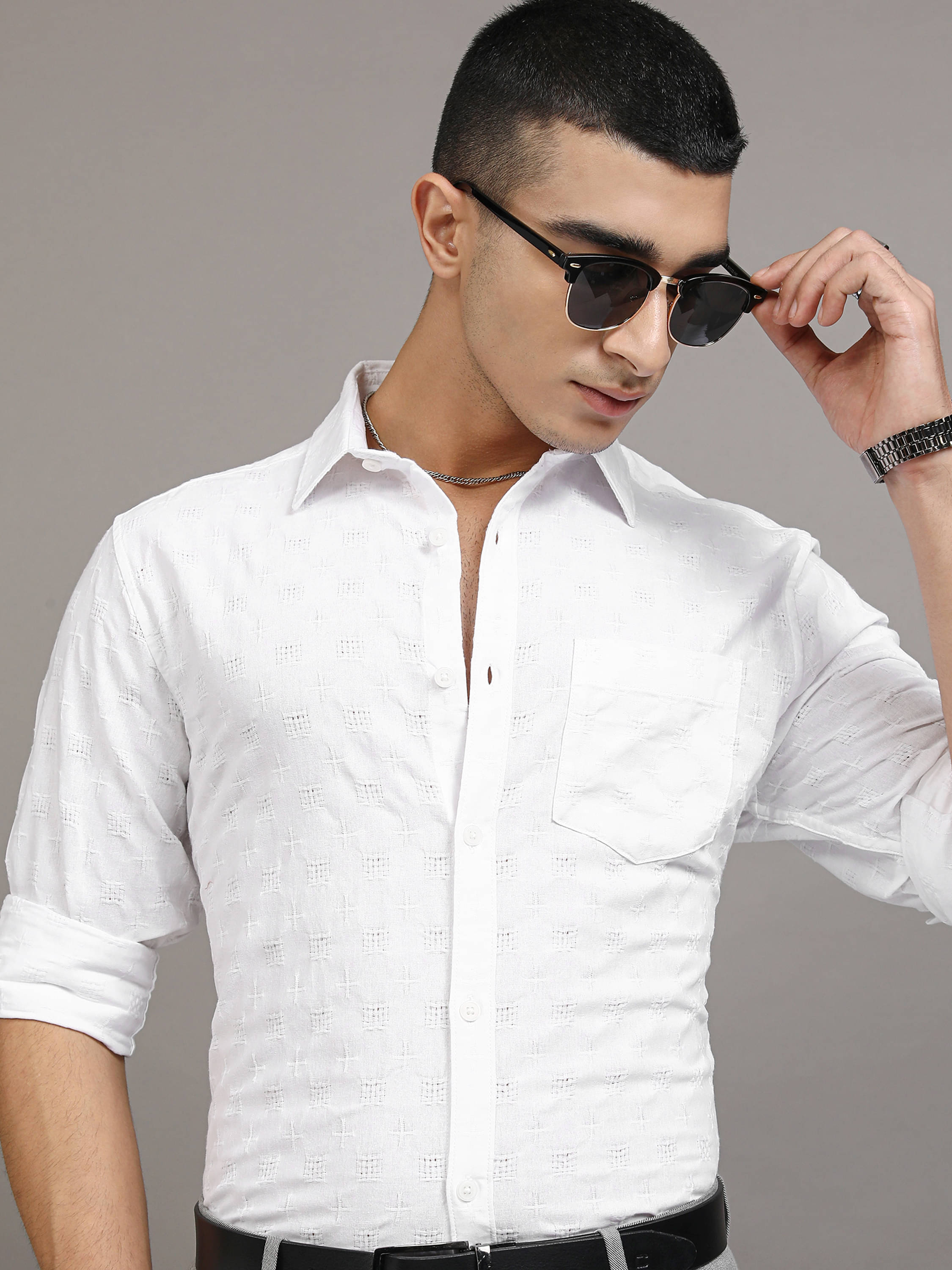 Highlander 100% Cotton Regular Fit Self Design Full Sleeves Men's Casual Shirt - White ( Pack of 1 ) Highlander 100% Cotton Regular Fit Self Design Full Sleeves Men's Casual Shirt - White ( Pack of 1 )