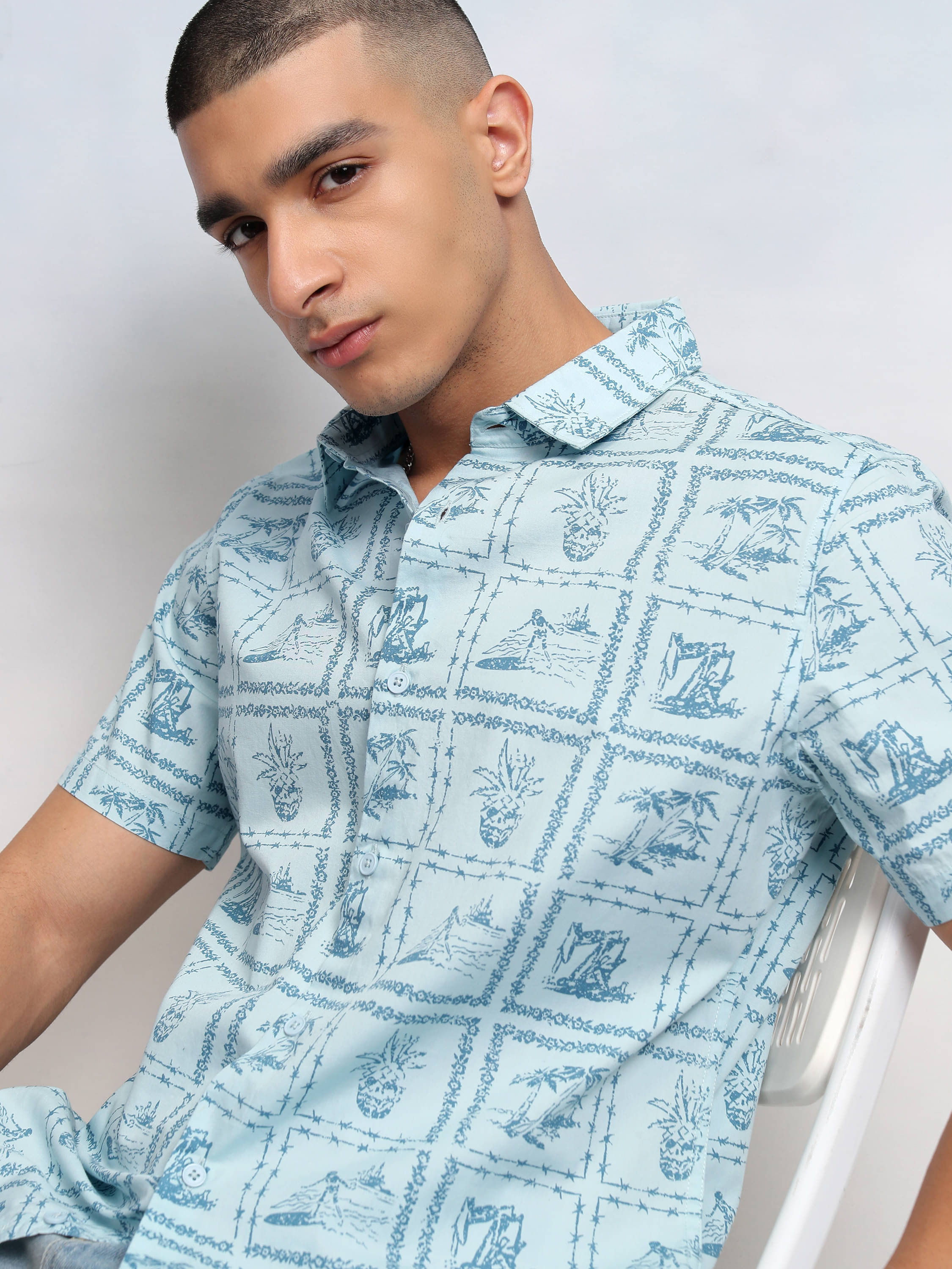     			Highlander 100% Cotton Regular Fit Printed Half Sleeves Men's Casual Shirt - Light Blue ( Pack of 1 )