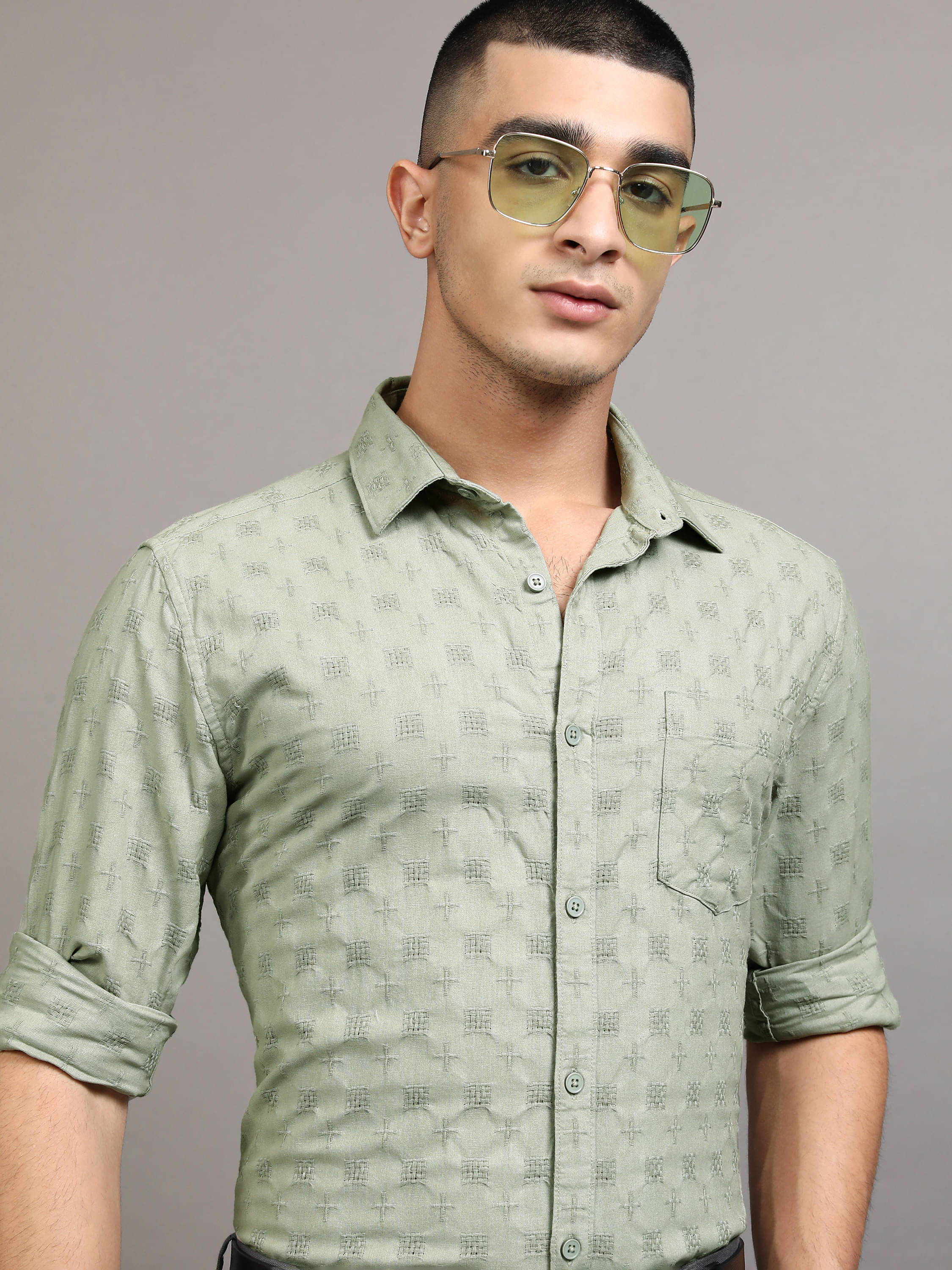     			Highlander 100% Cotton Regular Fit Self Design Full Sleeves Men's Casual Shirt - Green ( Pack of 1 )