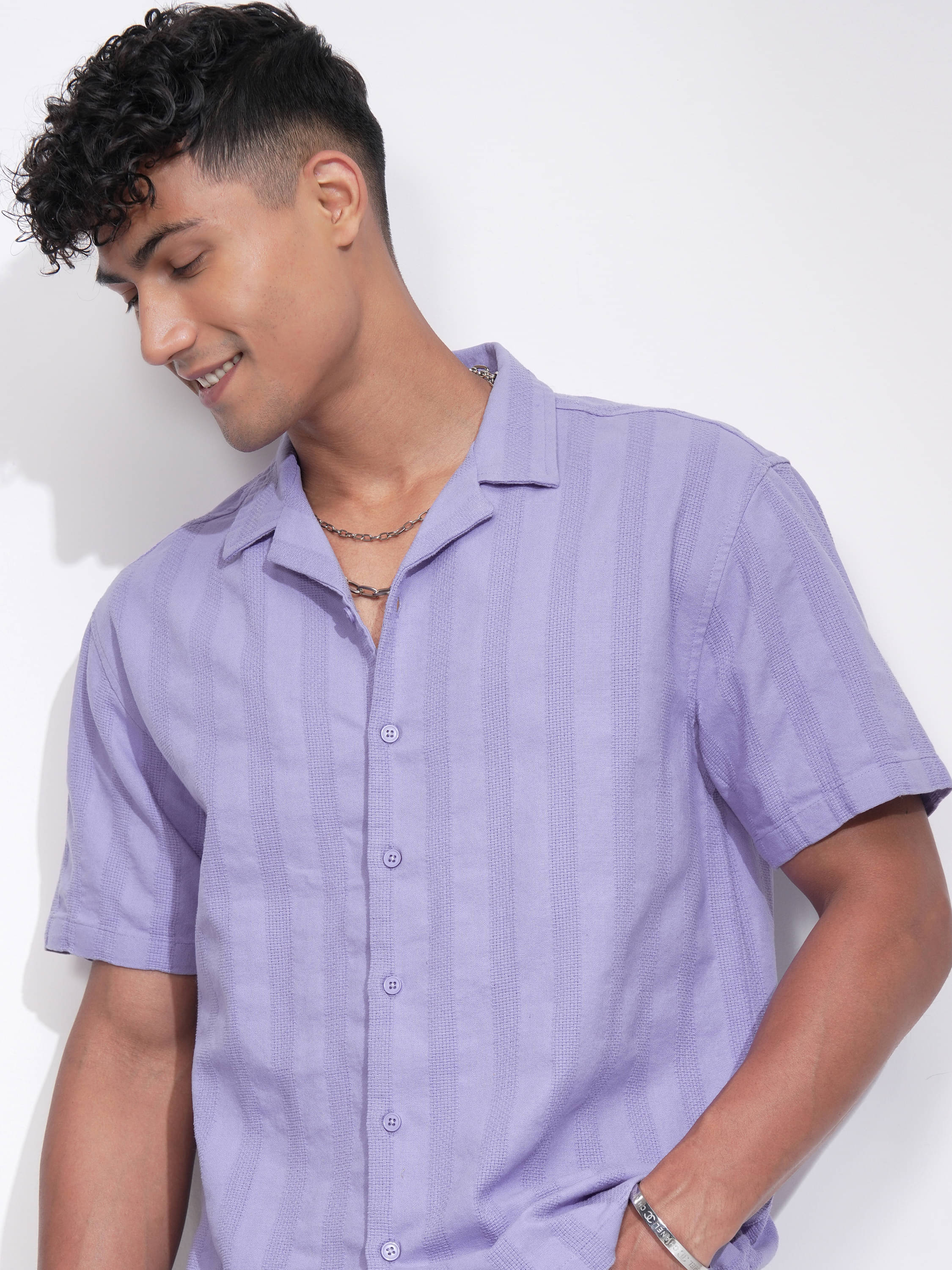     			Highlander 100% Cotton Relaxed Fit Striped Half Sleeves Men's Casual Shirt - Lavender ( Pack of 1 )