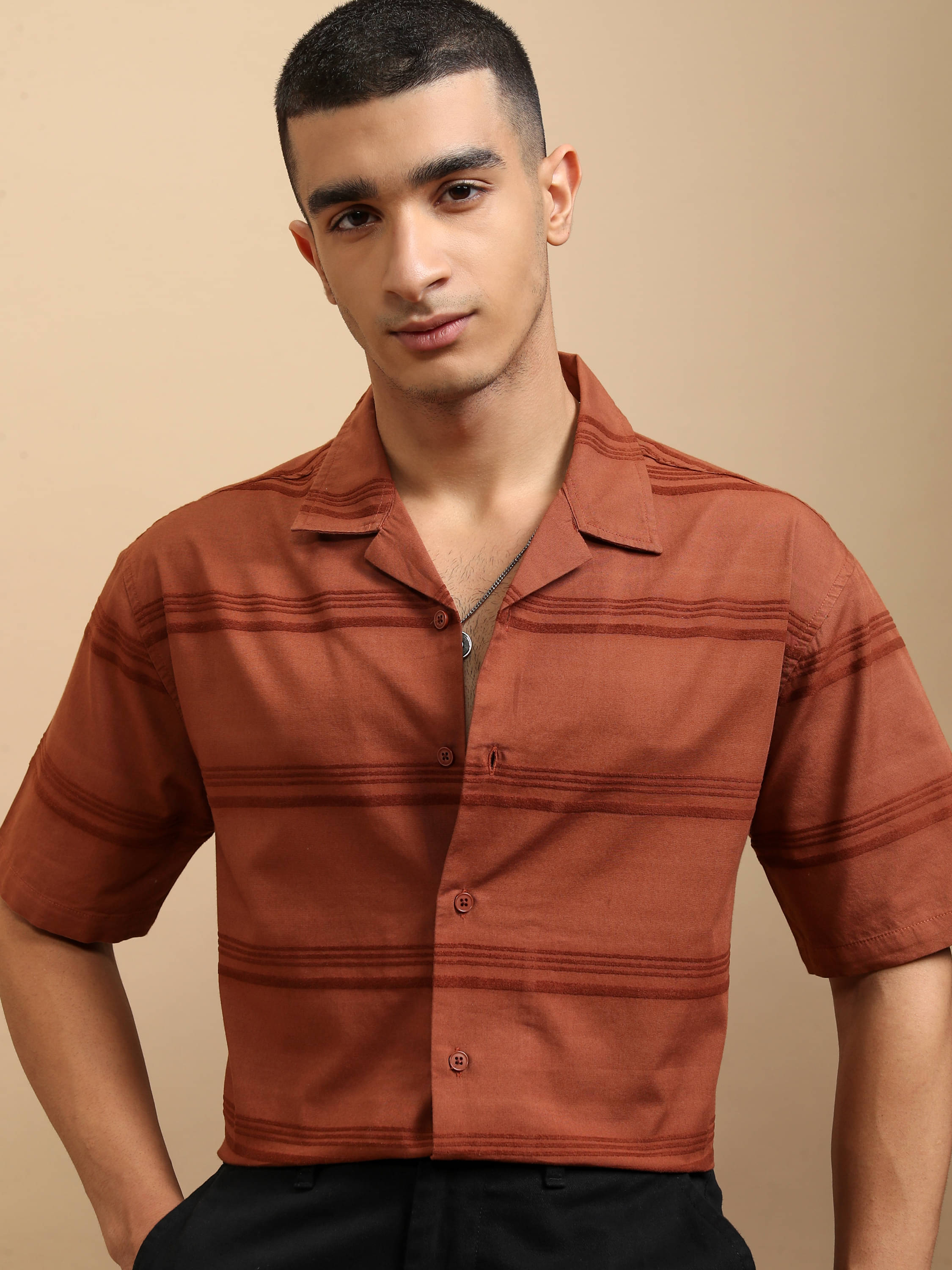 Highlander 100% Cotton Relaxed Fit Striped Half Sleeves Men's Casual Shirt - Brown ( Pack of 1 ) Highlander 100% Cotton Relaxed Fit Striped Half Sleeves Men's Casual Shirt - Brown ( Pack of 1 )