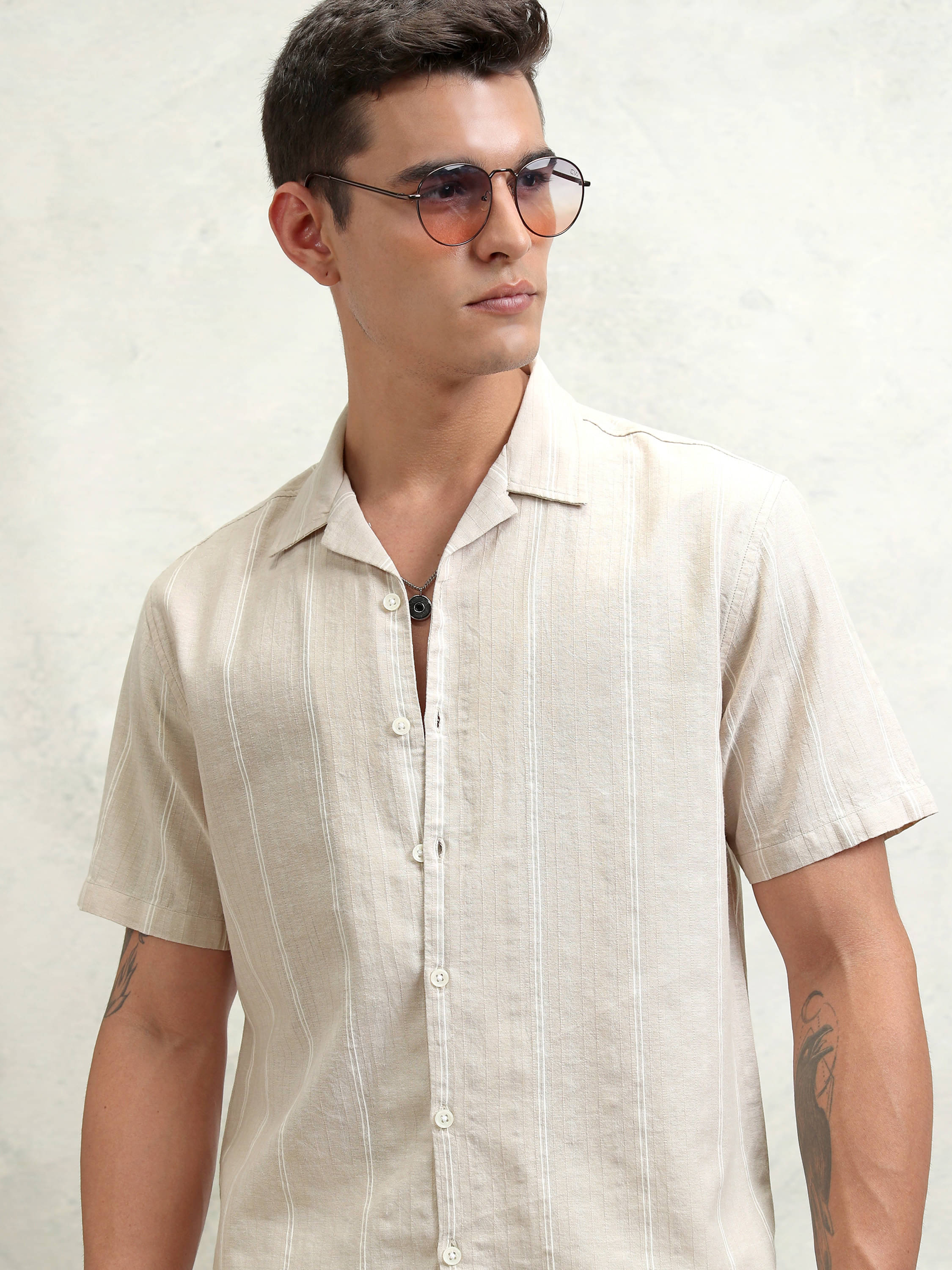 Highlander 100% Cotton Relaxed Fit Striped Half Sleeves Men's Casual Shirt - Beige ( Pack of 1 ) Highlander 100% Cotton Relaxed Fit Striped Half Sleeves Men's Casual Shirt - Beige ( Pack of 1 )